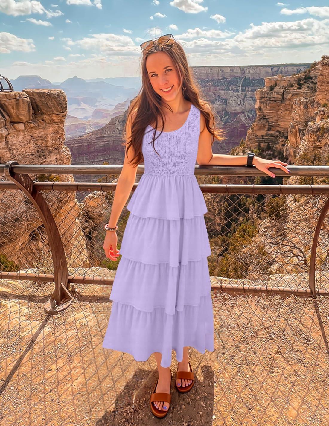imageZESICA Womens 2026 Summer Boho Sleeveless Midi Dress Scoop Neck Ruffle Tiered Layered Swing Long Beach Vacation DressesPurple