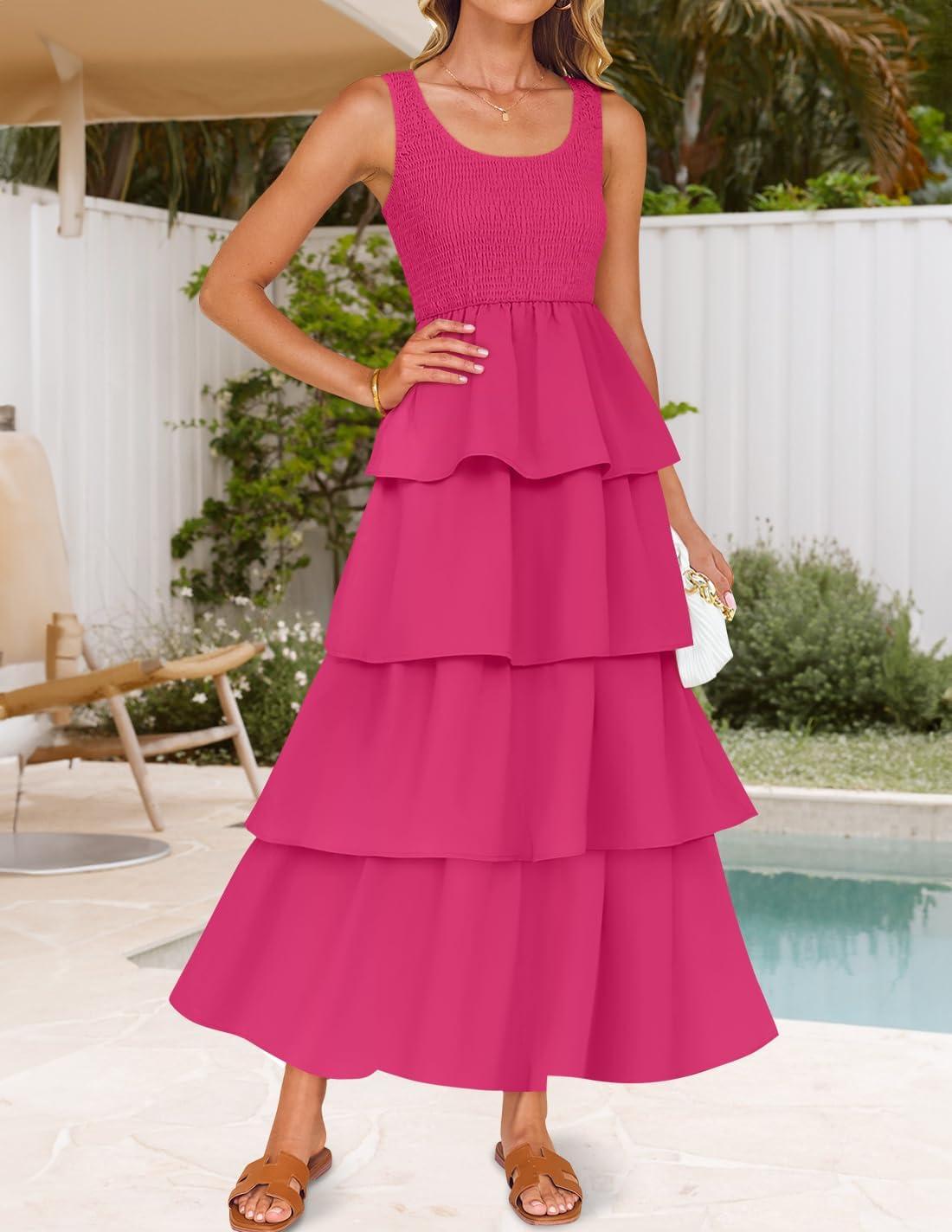 imageZESICA Womens 2026 Summer Boho Sleeveless Midi Dress Scoop Neck Ruffle Tiered Layered Swing Long Beach Vacation DressesRose