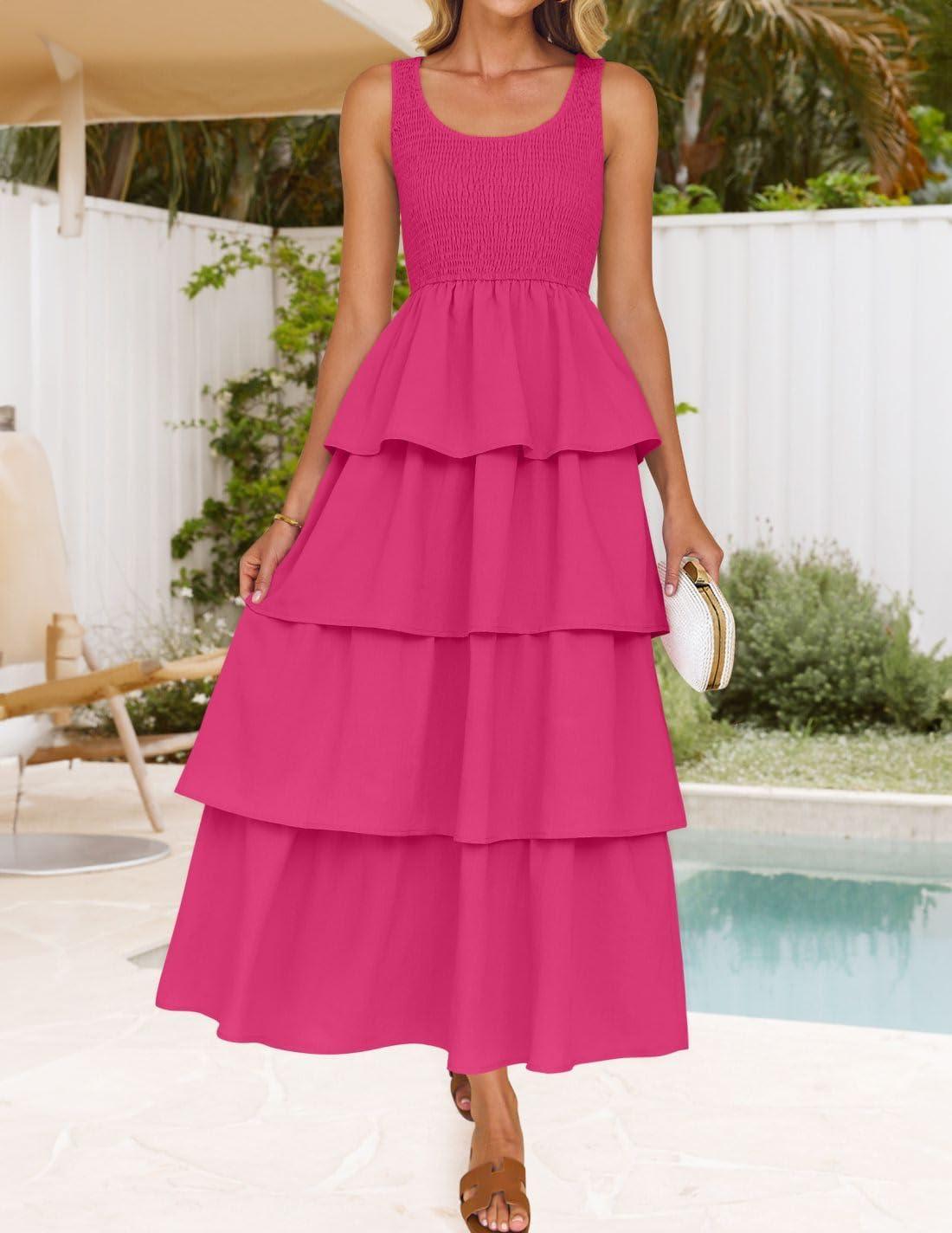 imageZESICA Womens 2026 Summer Boho Sleeveless Midi Dress Scoop Neck Ruffle Tiered Layered Swing Long Beach Vacation DressesRose