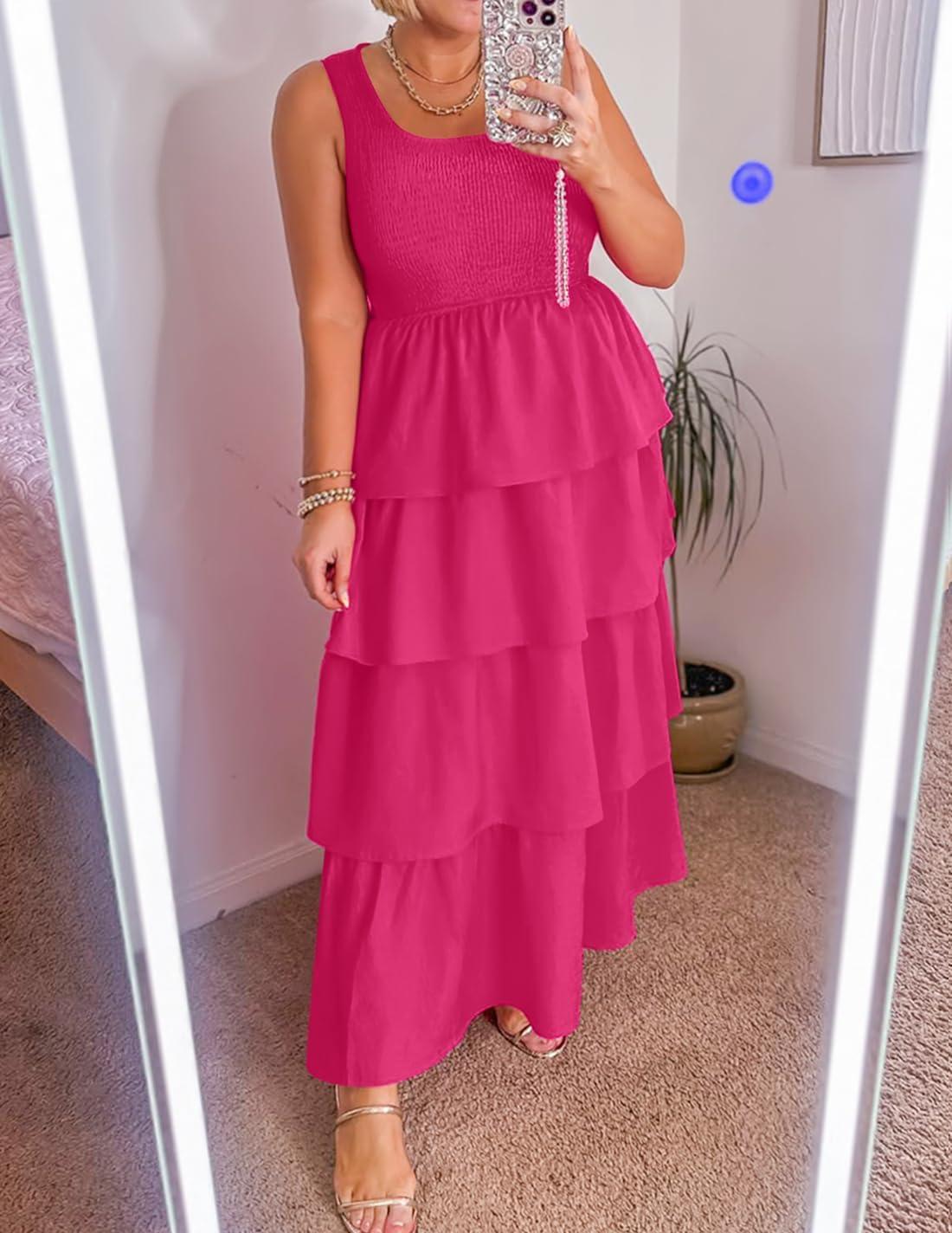 imageZESICA Womens 2026 Summer Boho Sleeveless Midi Dress Scoop Neck Ruffle Tiered Layered Swing Long Beach Vacation DressesRose