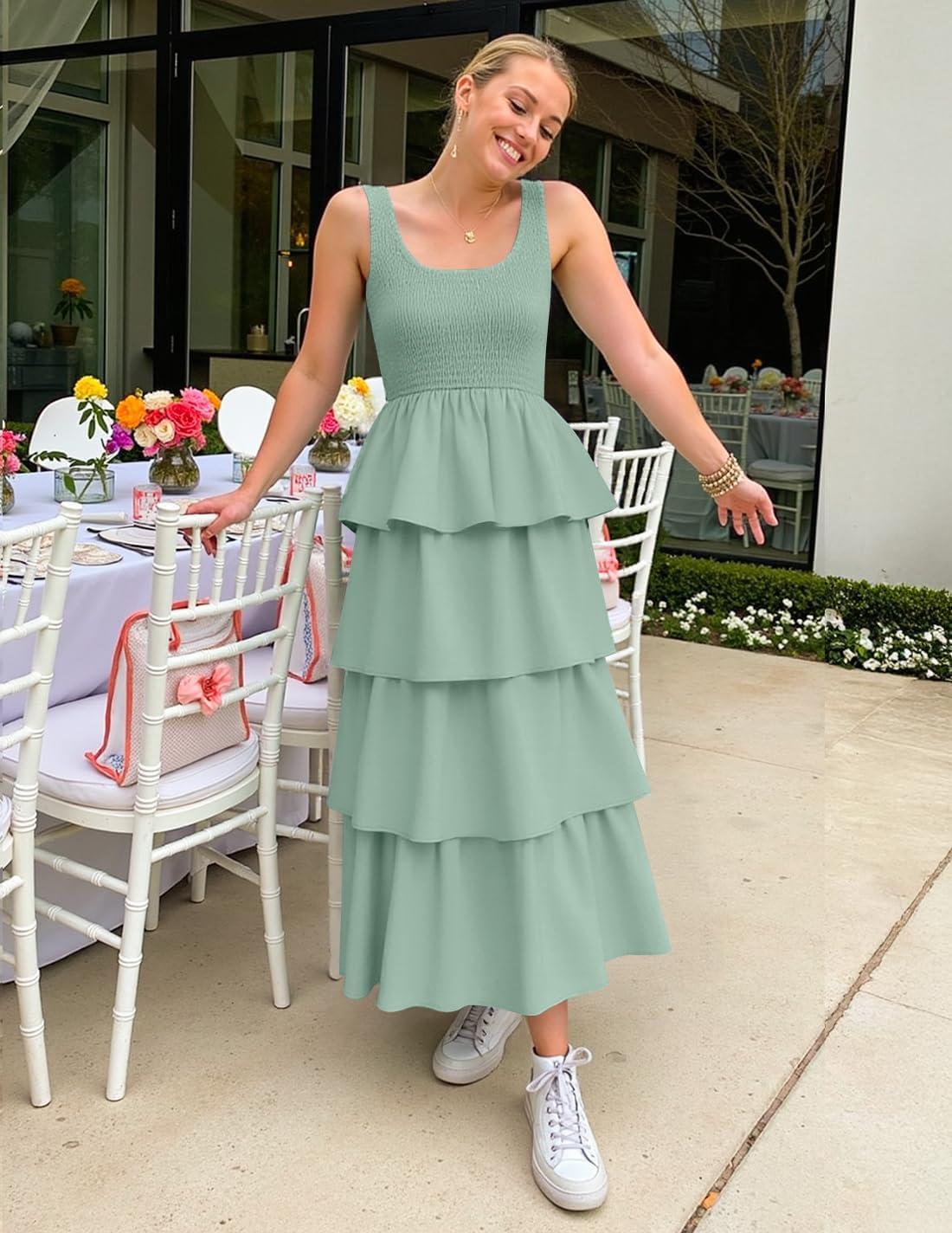 imageZESICA Womens 2026 Summer Boho Sleeveless Midi Dress Scoop Neck Ruffle Tiered Layered Swing Long Beach Vacation DressesSage