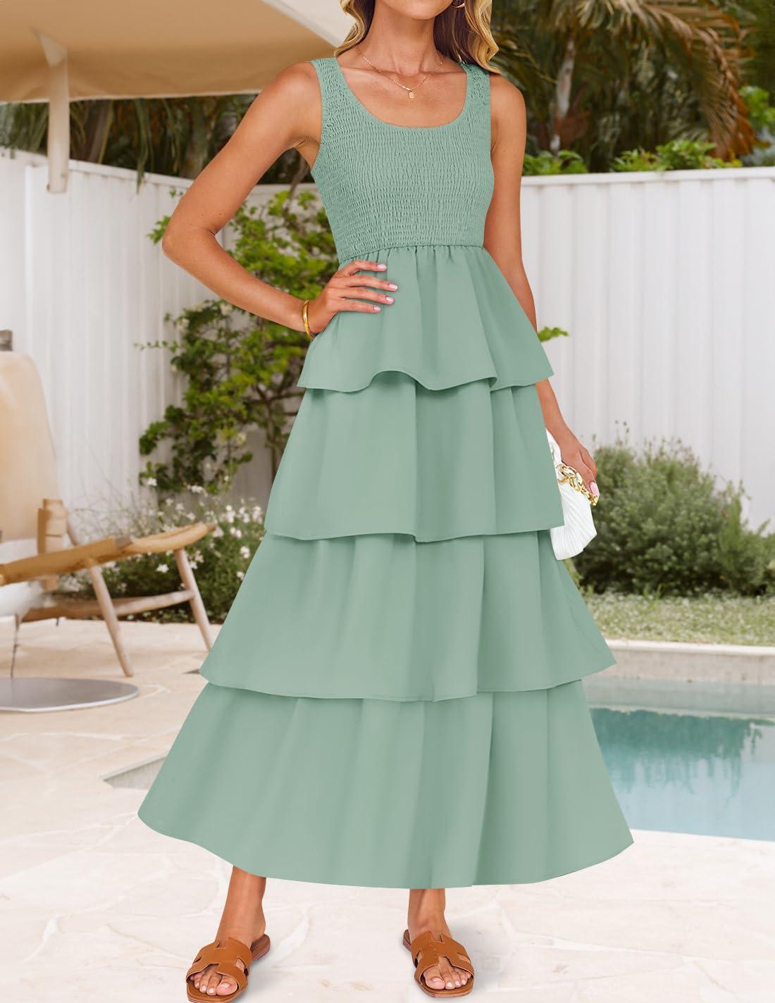 imageZESICA Womens 2026 Summer Boho Sleeveless Midi Dress Scoop Neck Ruffle Tiered Layered Swing Long Beach Vacation DressesSage