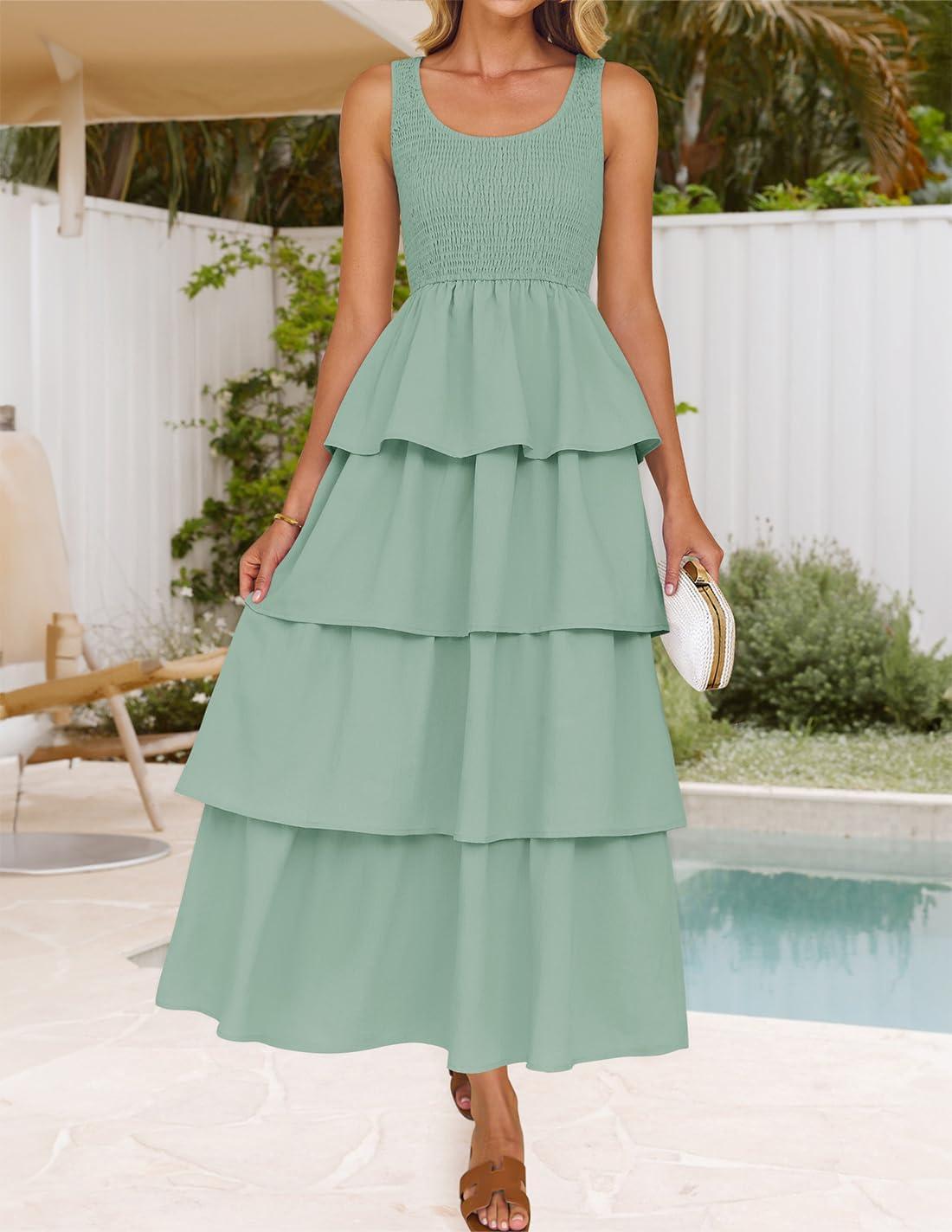 imageZESICA Womens 2026 Summer Boho Sleeveless Midi Dress Scoop Neck Ruffle Tiered Layered Swing Long Beach Vacation DressesSage