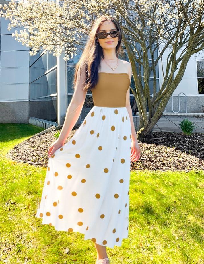imageZESICA Womens 2026 Summer Boho Strapless Midi Dress Off Shoulder Polka Dot Printed Flowy A Line Long Dresses with Pockets