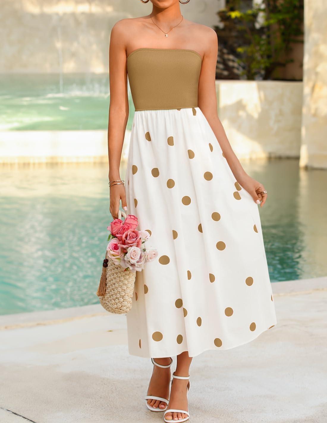imageZESICA Womens 2026 Summer Boho Strapless Midi Dress Off Shoulder Polka Dot Printed Flowy A Line Long Dresses with Pockets