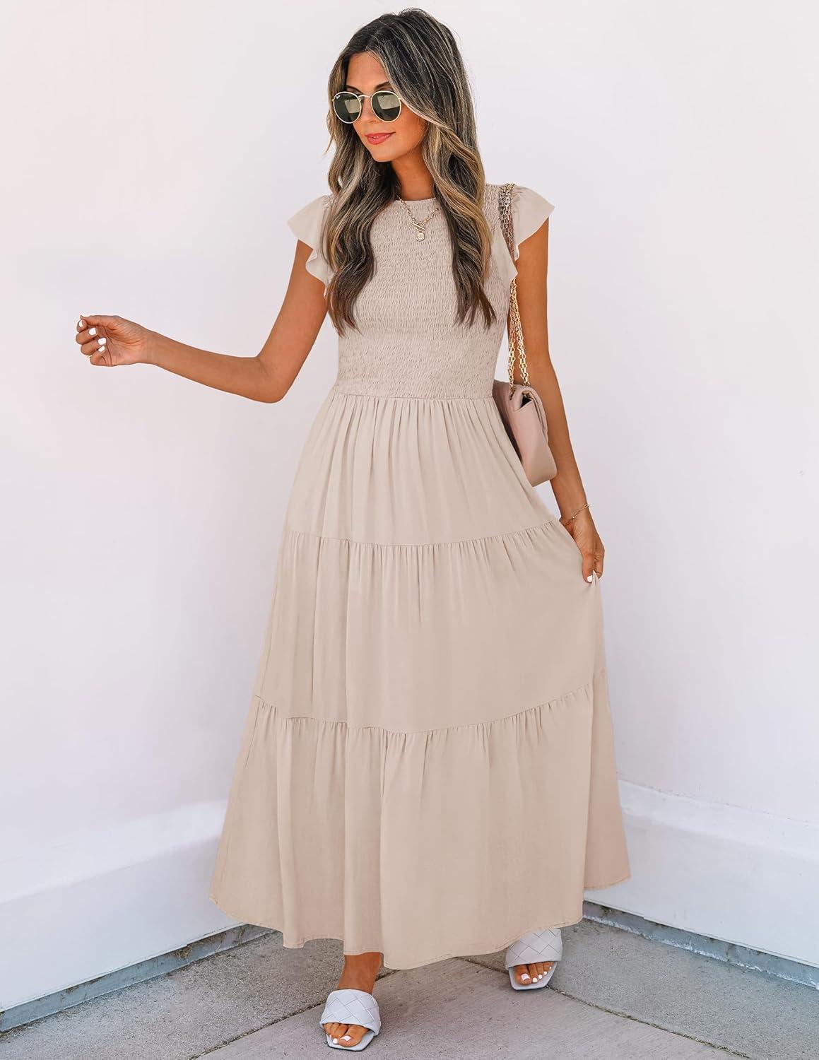 imageZESICA Womens 2026 Summer Casual Flutter Short Sleeve Crew Neck Smocked Elastic Waist Tiered Midi DressApricot