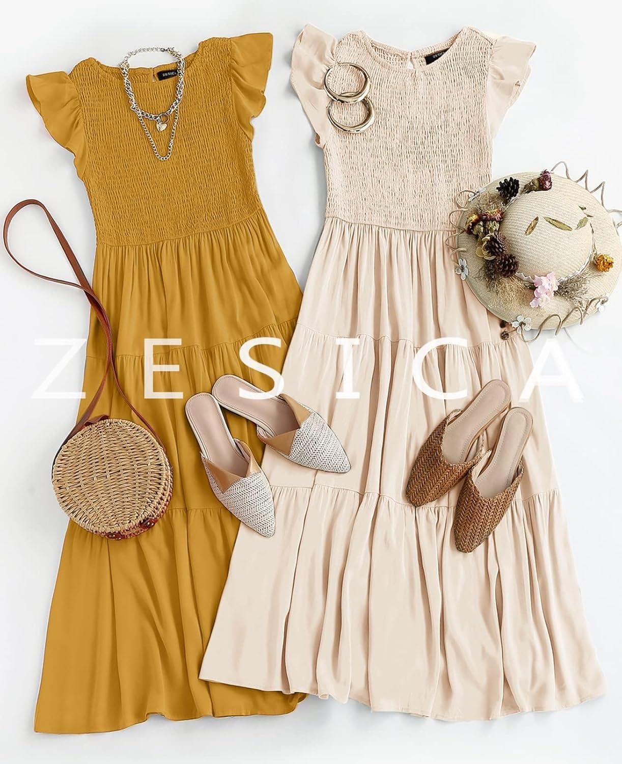 imageZESICA Womens 2026 Summer Casual Flutter Short Sleeve Crew Neck Smocked Elastic Waist Tiered Midi DressApricot