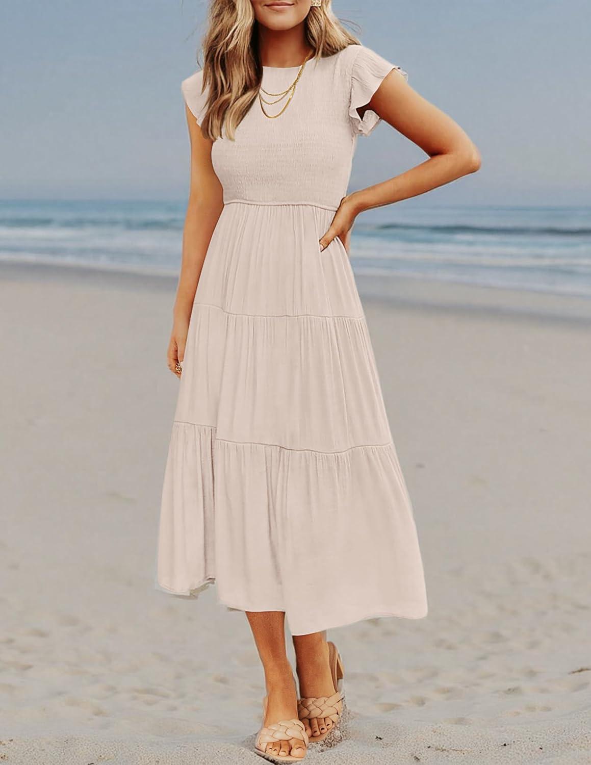 imageZESICA Womens 2026 Summer Casual Flutter Short Sleeve Crew Neck Smocked Elastic Waist Tiered Midi DressApricot