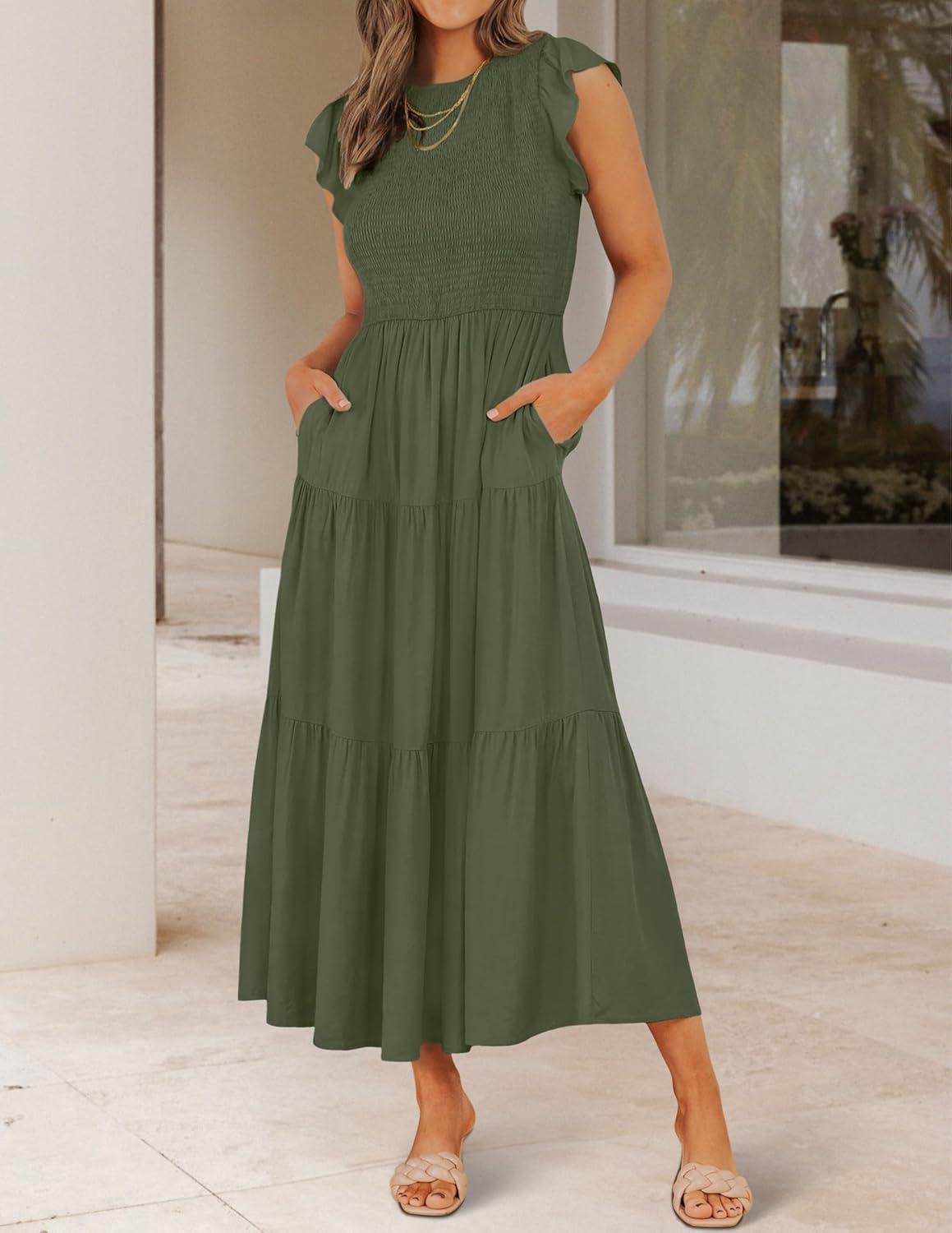 imageZESICA Womens 2026 Summer Casual Flutter Short Sleeve Crew Neck Smocked Elastic Waist Tiered Midi DressArmy Green