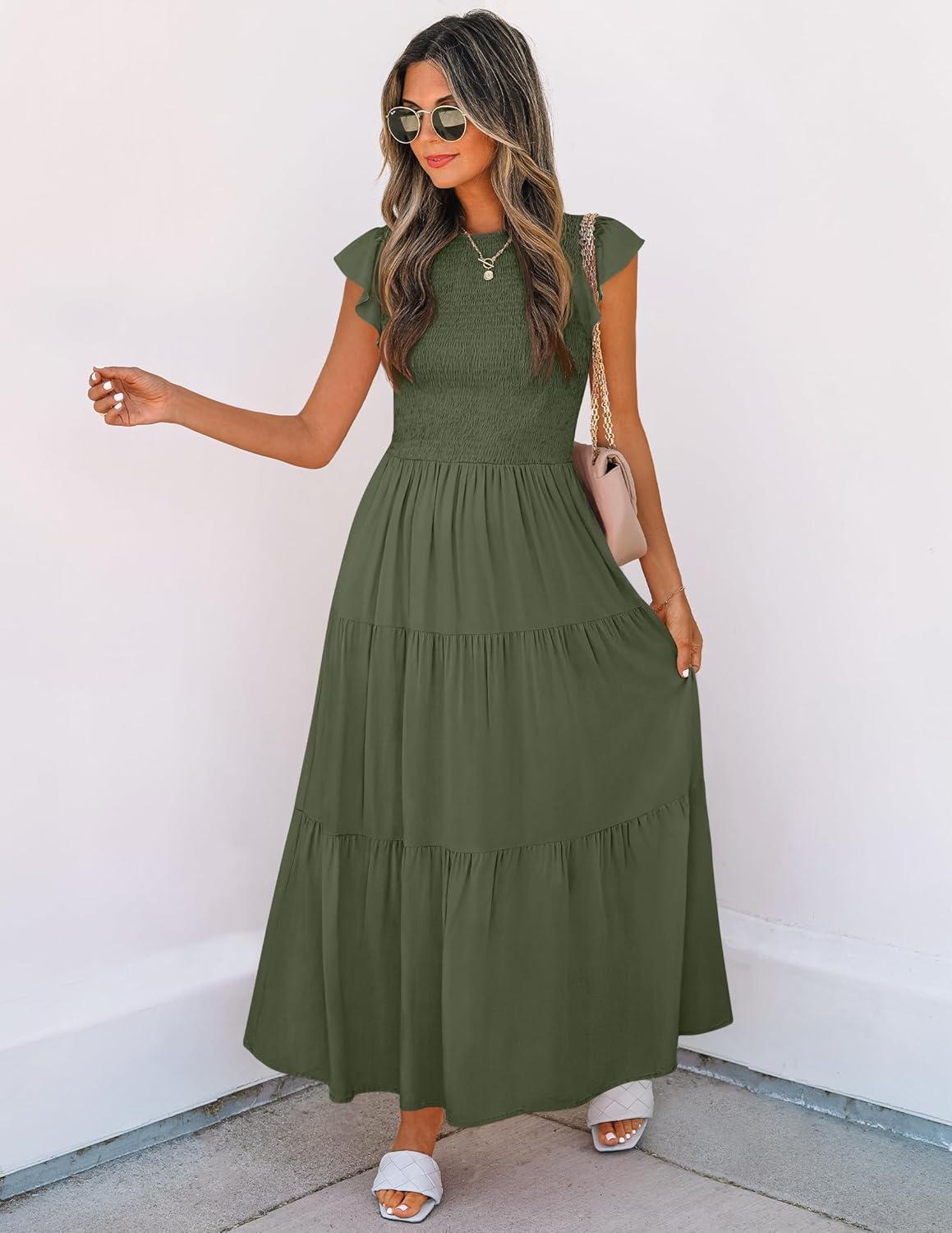 imageZESICA Womens 2026 Summer Casual Flutter Short Sleeve Crew Neck Smocked Elastic Waist Tiered Midi DressArmy Green