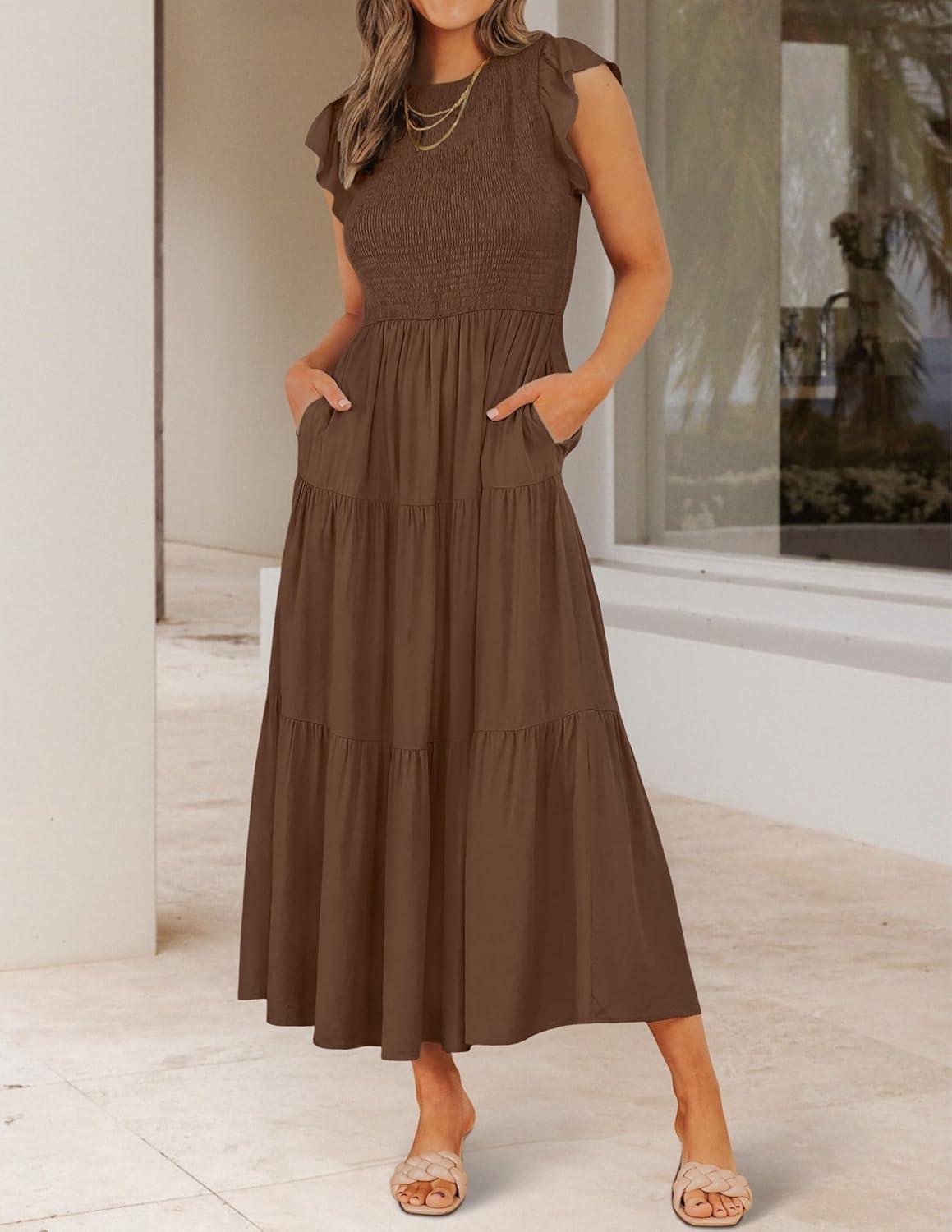 imageZESICA Womens 2026 Summer Casual Flutter Short Sleeve Crew Neck Smocked Elastic Waist Tiered Midi DressCoffee