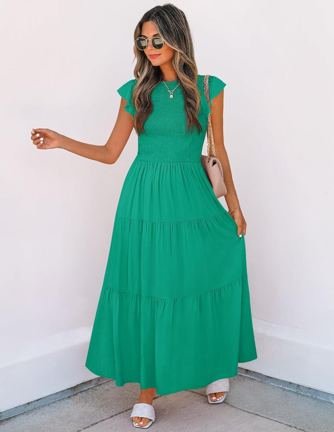 imageZESICA Womens 2026 Summer Casual Flutter Short Sleeve Crew Neck Smocked Elastic Waist Tiered Midi DressGreen