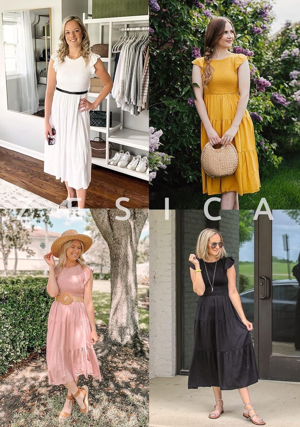 imageZESICA Womens 2026 Summer Casual Flutter Short Sleeve Crew Neck Smocked Elastic Waist Tiered Midi DressGreen