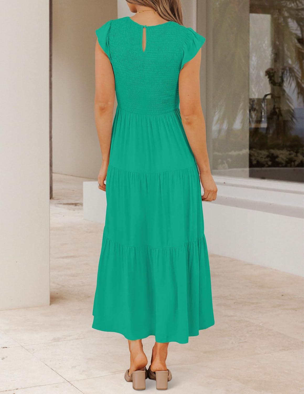 imageZESICA Womens 2026 Summer Casual Flutter Short Sleeve Crew Neck Smocked Elastic Waist Tiered Midi DressGreen