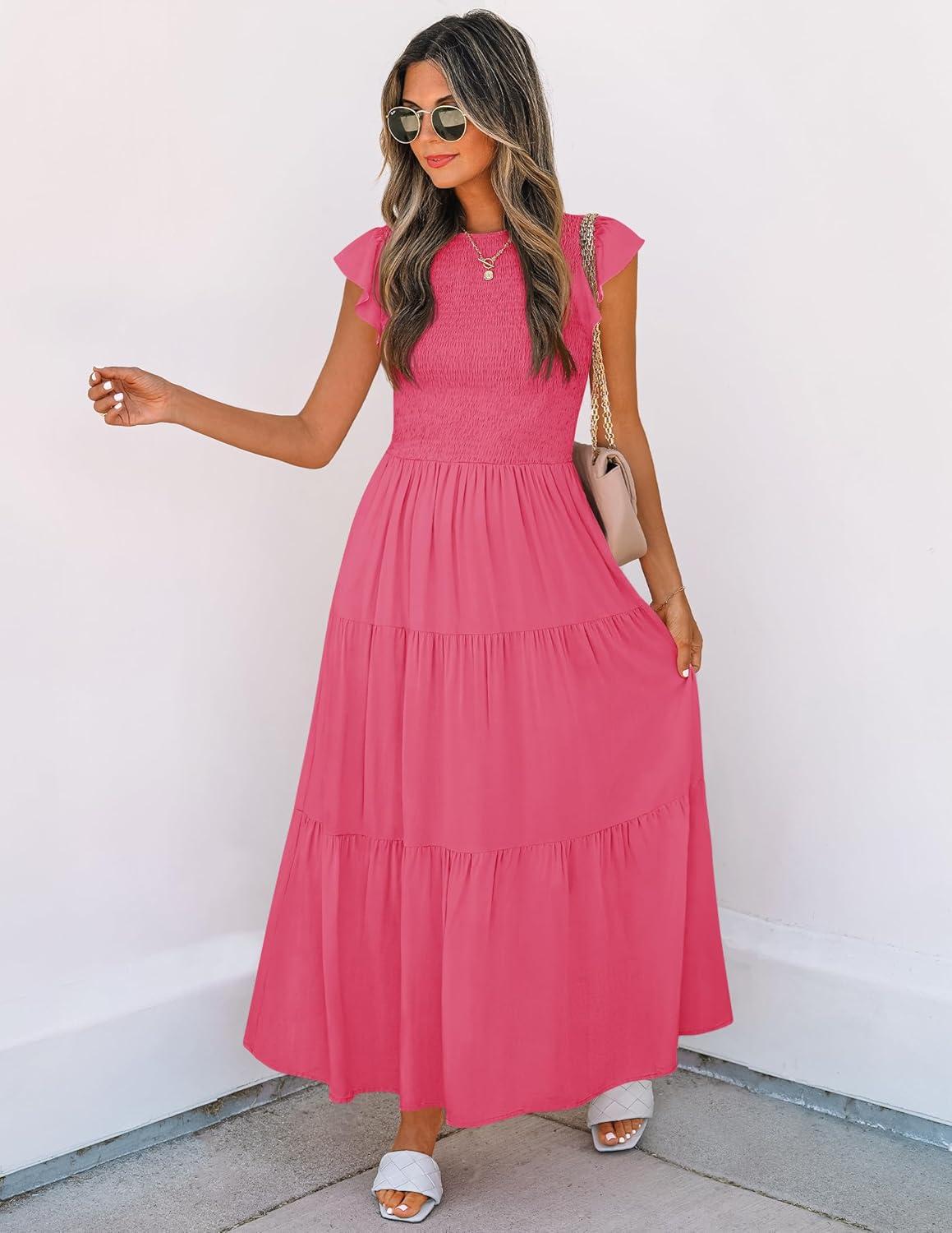 imageZESICA Womens 2026 Summer Casual Flutter Short Sleeve Crew Neck Smocked Elastic Waist Tiered Midi DressHot Pink