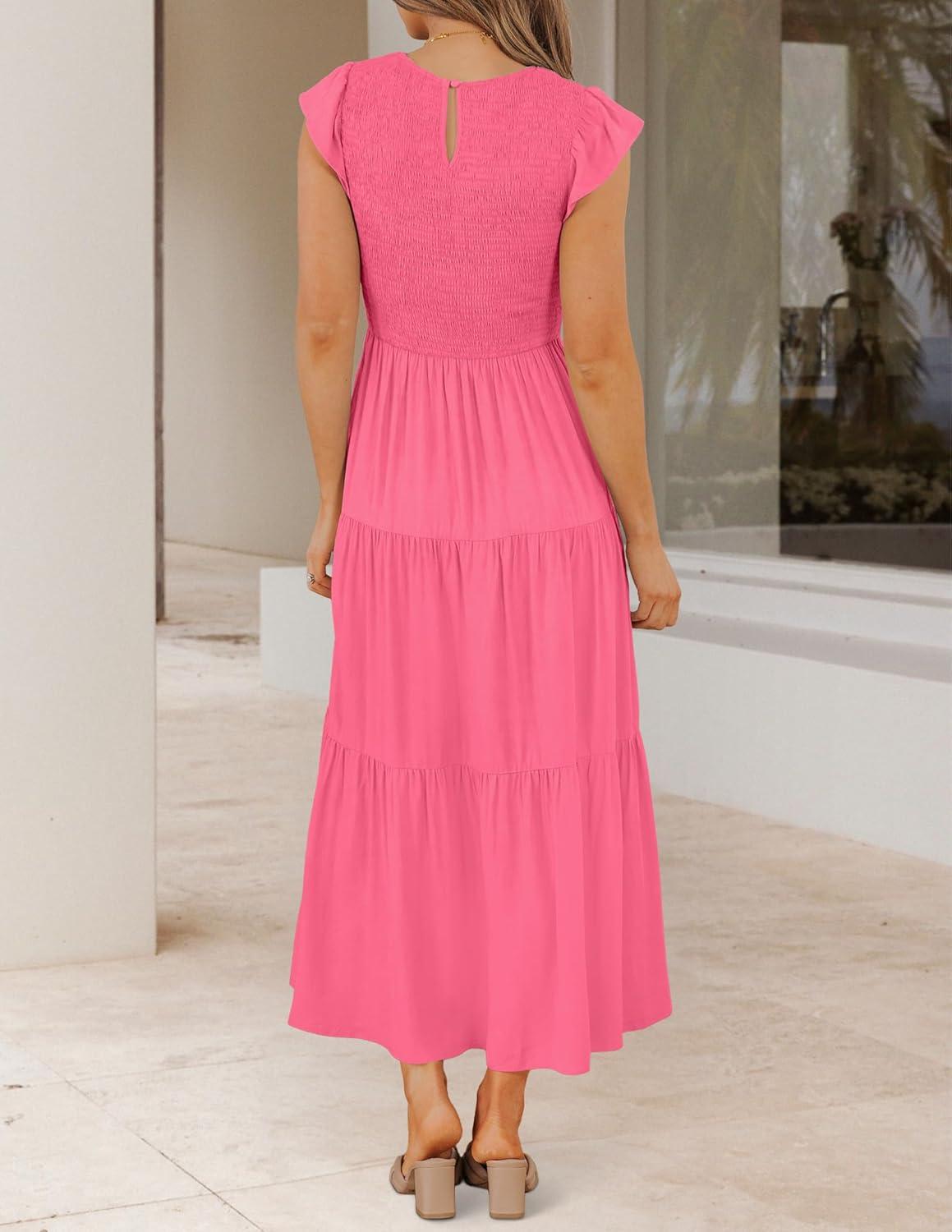 imageZESICA Womens 2026 Summer Casual Flutter Short Sleeve Crew Neck Smocked Elastic Waist Tiered Midi DressHot Pink