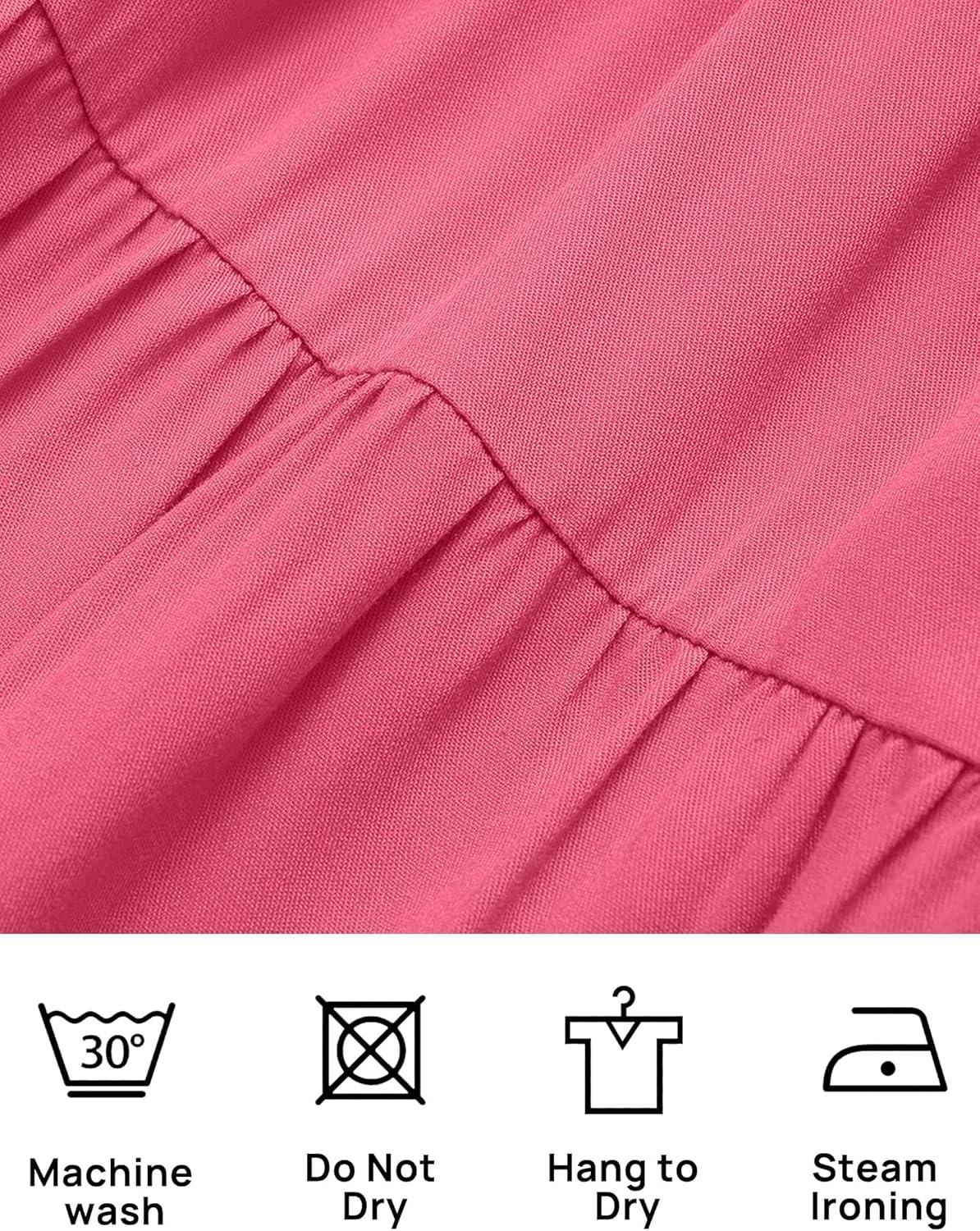 imageZESICA Womens 2026 Summer Casual Flutter Short Sleeve Crew Neck Smocked Elastic Waist Tiered Midi DressHot Pink