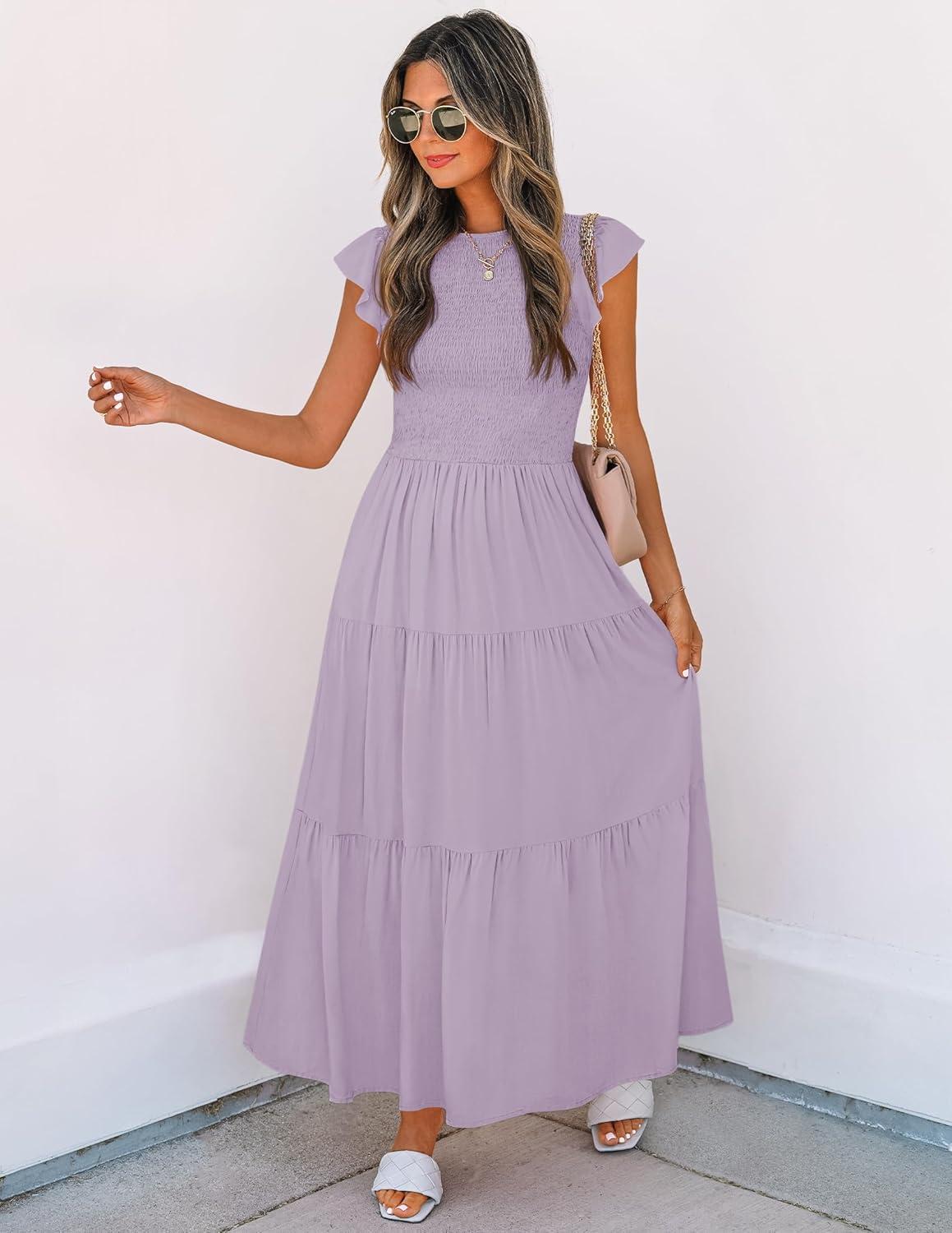 imageZESICA Womens 2026 Summer Casual Flutter Short Sleeve Crew Neck Smocked Elastic Waist Tiered Midi DressLight Purple
