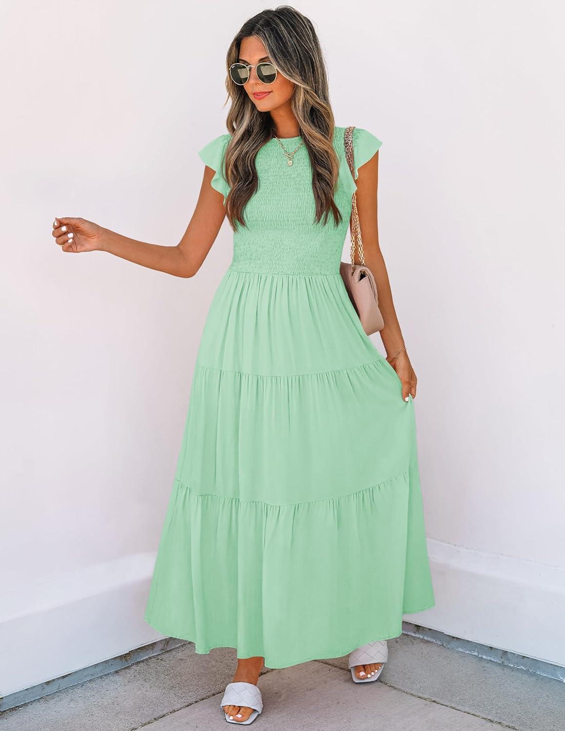 imageZESICA Womens 2026 Summer Casual Flutter Short Sleeve Crew Neck Smocked Elastic Waist Tiered Midi DressMint
