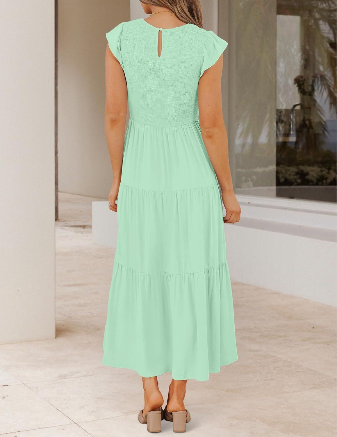 imageZESICA Womens 2026 Summer Casual Flutter Short Sleeve Crew Neck Smocked Elastic Waist Tiered Midi DressMint