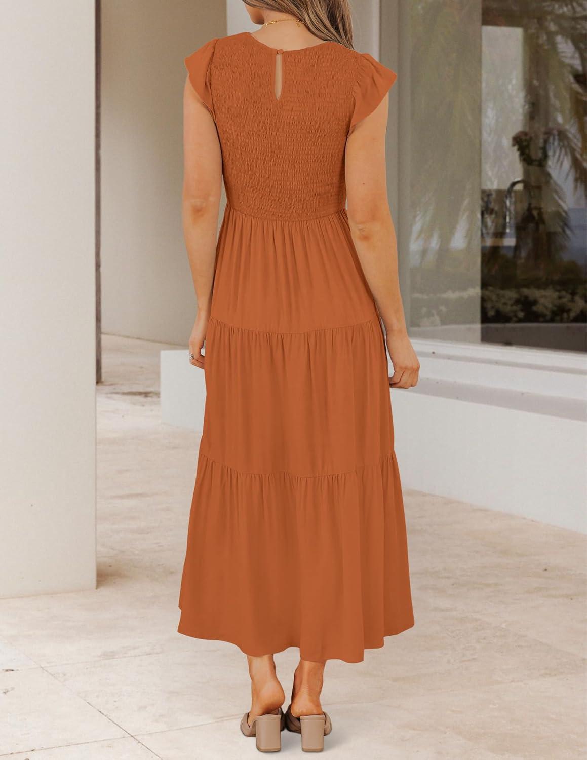 imageZESICA Womens 2026 Summer Casual Flutter Short Sleeve Crew Neck Smocked Elastic Waist Tiered Midi DressOrange
