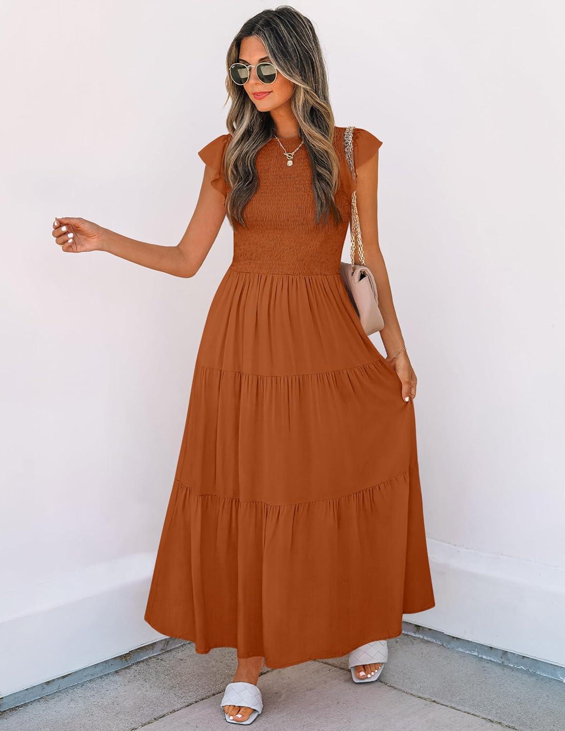 imageZESICA Womens 2026 Summer Casual Flutter Short Sleeve Crew Neck Smocked Elastic Waist Tiered Midi DressOrange