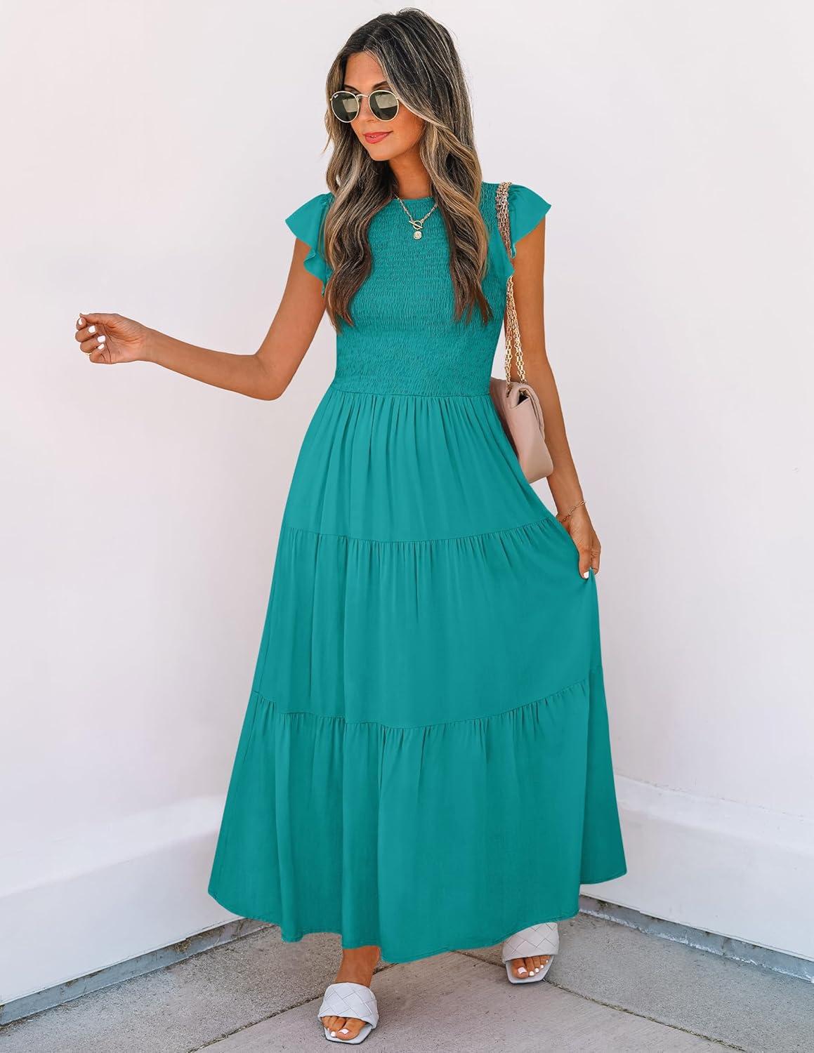 imageZESICA Womens 2026 Summer Casual Flutter Short Sleeve Crew Neck Smocked Elastic Waist Tiered Midi DressPeacock