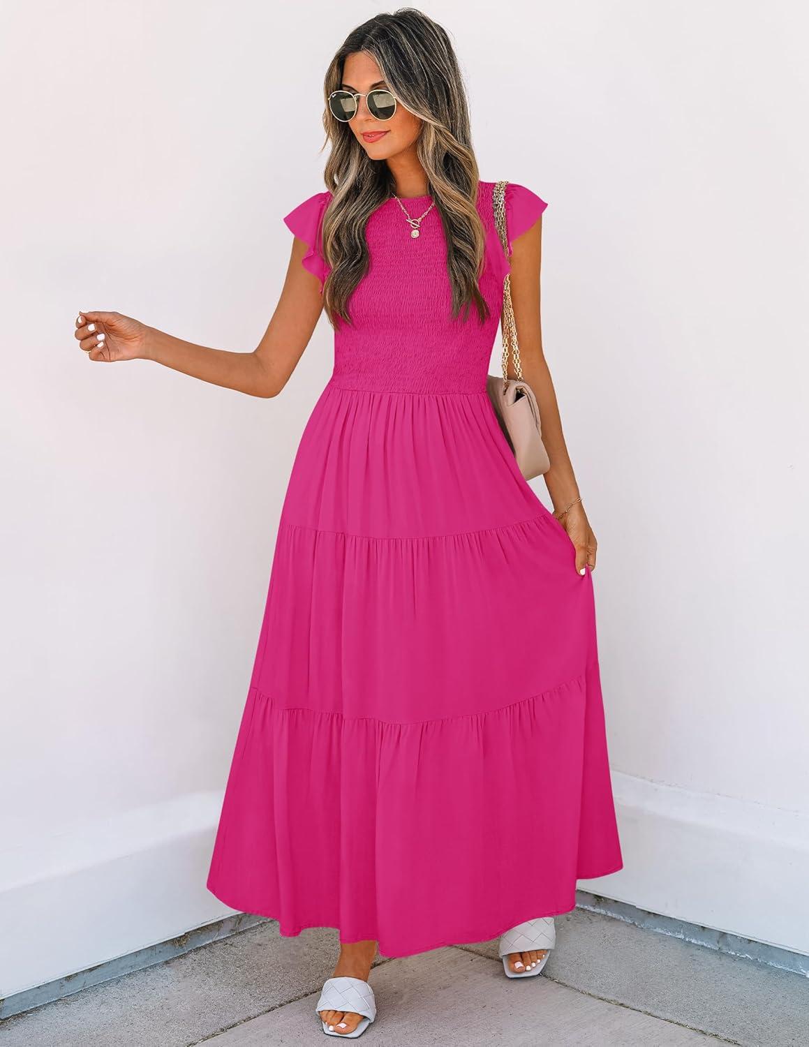 imageZESICA Womens 2026 Summer Casual Flutter Short Sleeve Crew Neck Smocked Elastic Waist Tiered Midi DressRose