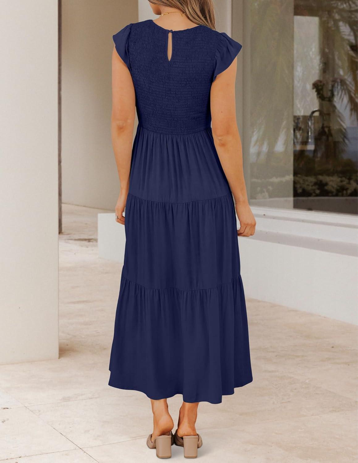 imageZESICA Womens 2026 Summer Casual Flutter Short Sleeve Crew Neck Smocked Elastic Waist Tiered Midi DressRoyal Blue