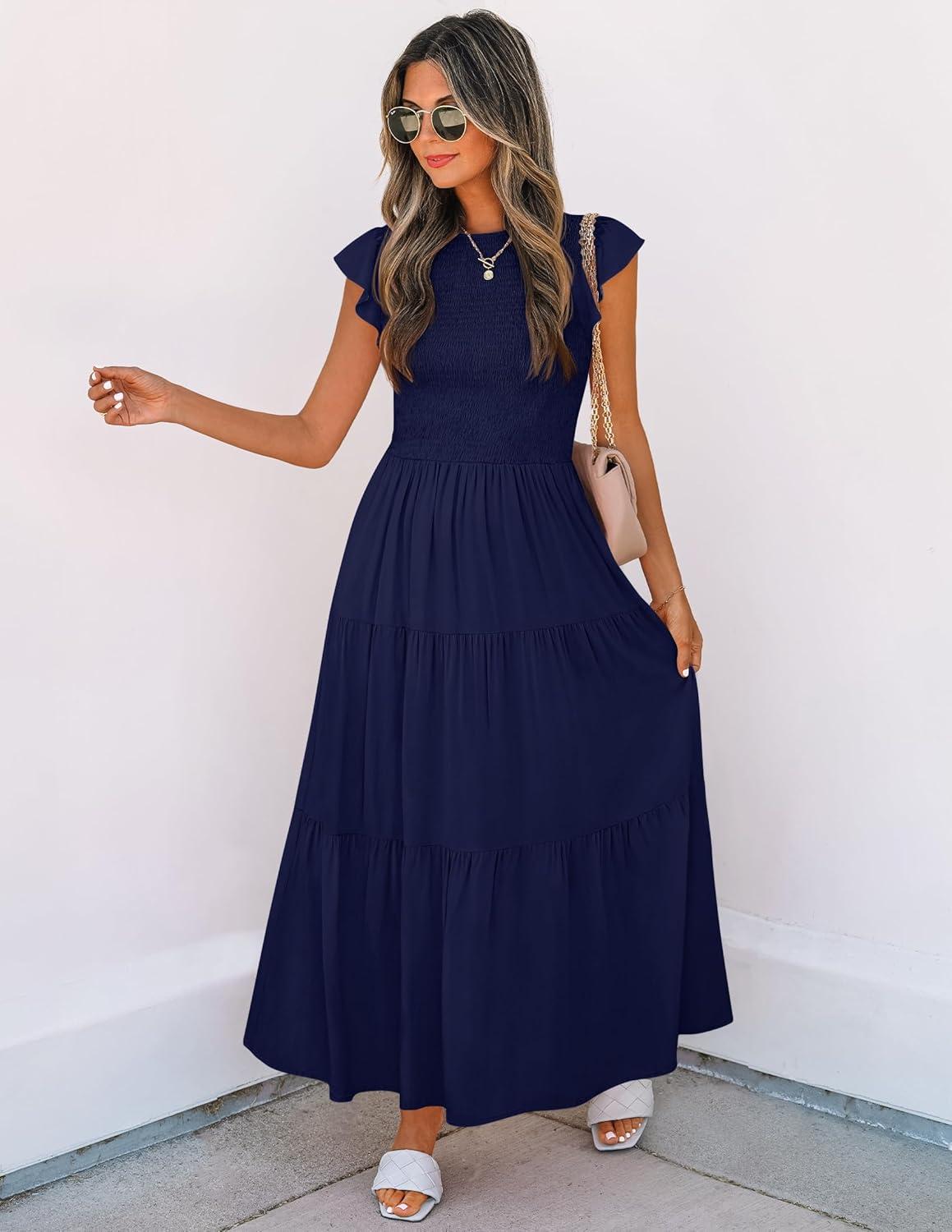 imageZESICA Womens 2026 Summer Casual Flutter Short Sleeve Crew Neck Smocked Elastic Waist Tiered Midi DressRoyal Blue
