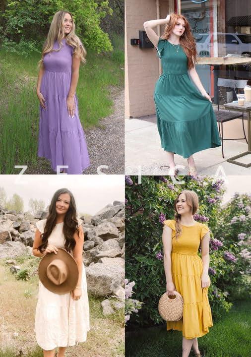 imageZESICA Womens 2026 Summer Casual Flutter Short Sleeve Crew Neck Smocked Elastic Waist Tiered Midi DressViolet