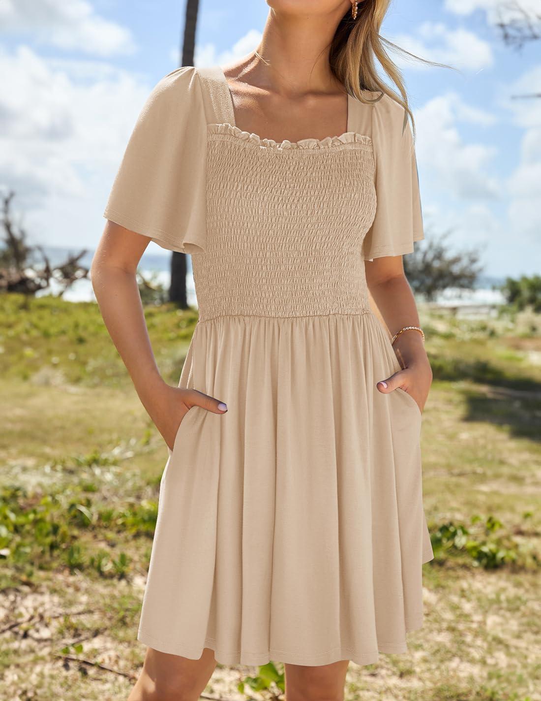 imageZESICA Womens 2026 Summer Casual Mini Dress Flutter Short Sleeve Square Neck Smocked Tiered Ruffle Flowy DressesApricot