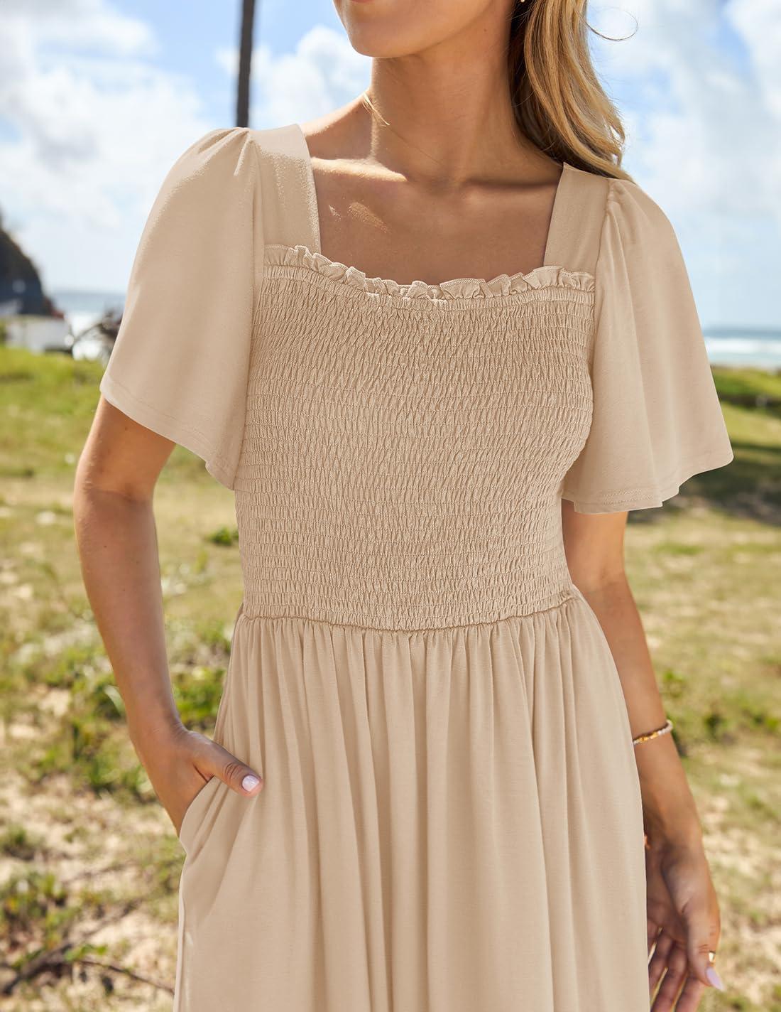 imageZESICA Womens 2026 Summer Casual Mini Dress Flutter Short Sleeve Square Neck Smocked Tiered Ruffle Flowy DressesApricot