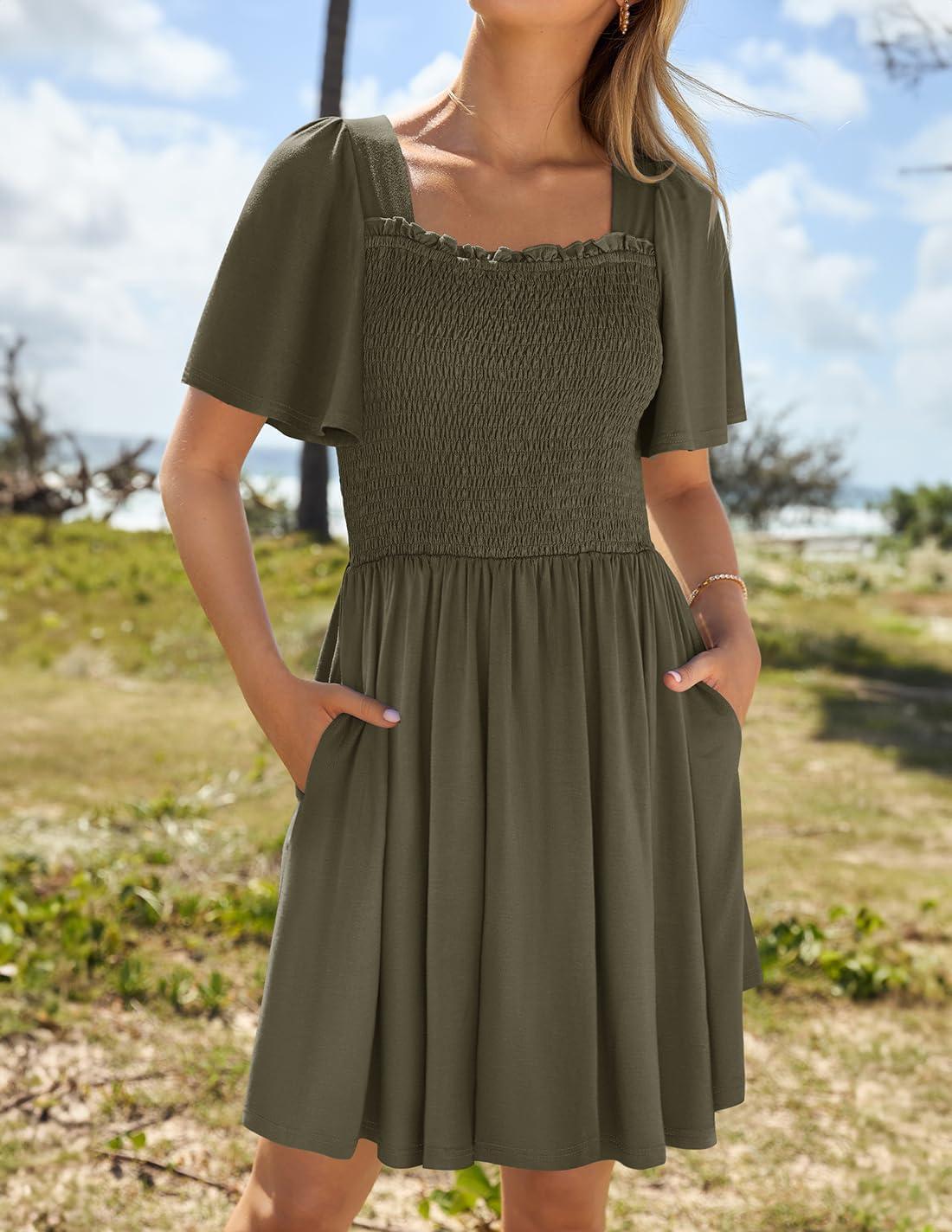 imageZESICA Womens 2026 Summer Casual Mini Dress Flutter Short Sleeve Square Neck Smocked Tiered Ruffle Flowy DressesArmygreen