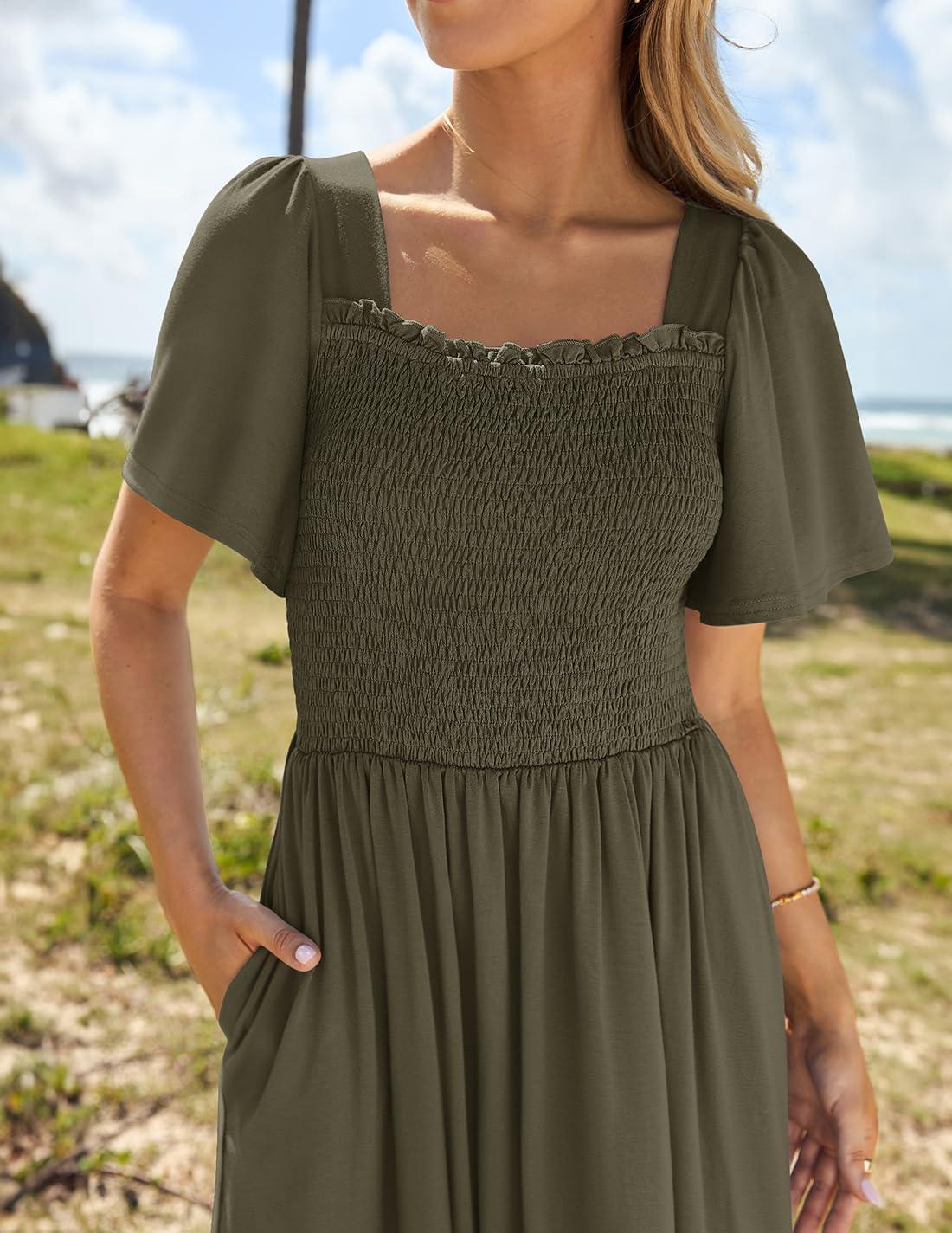 imageZESICA Womens 2026 Summer Casual Mini Dress Flutter Short Sleeve Square Neck Smocked Tiered Ruffle Flowy DressesArmygreen