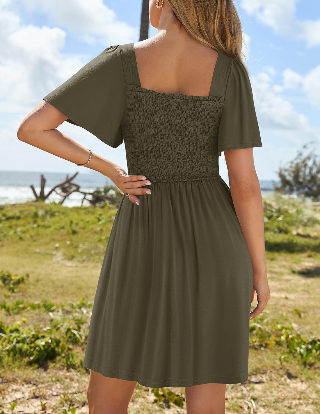 imageZESICA Womens 2026 Summer Casual Mini Dress Flutter Short Sleeve Square Neck Smocked Tiered Ruffle Flowy DressesArmygreen