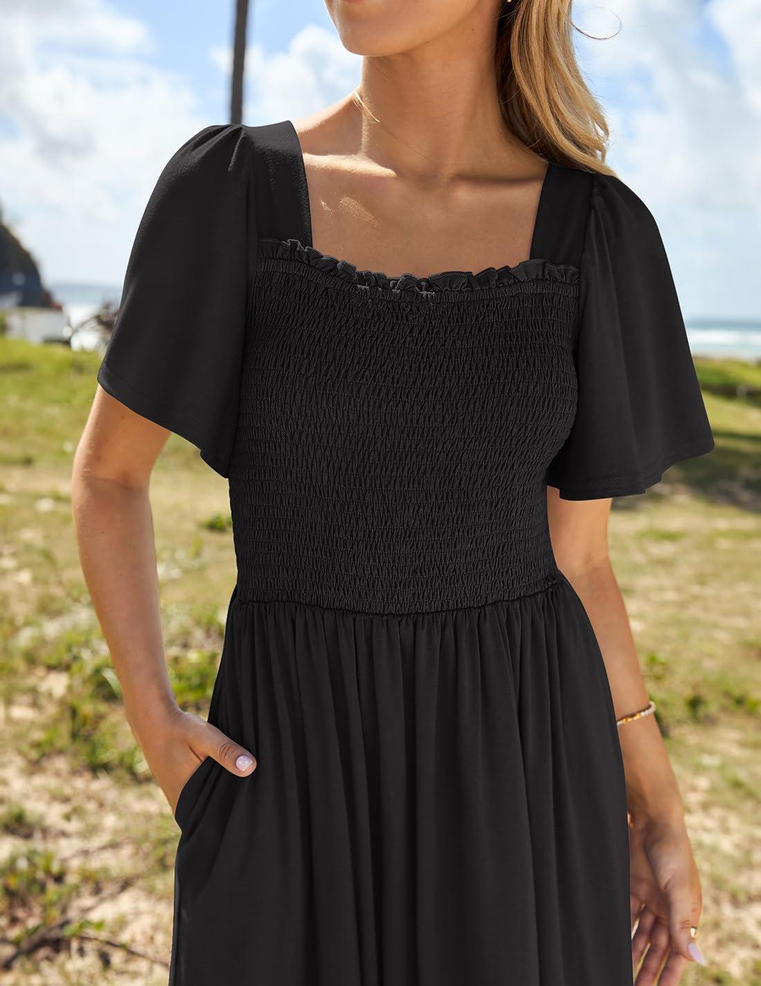 imageZESICA Womens 2026 Summer Casual Mini Dress Flutter Short Sleeve Square Neck Smocked Tiered Ruffle Flowy DressesBlack