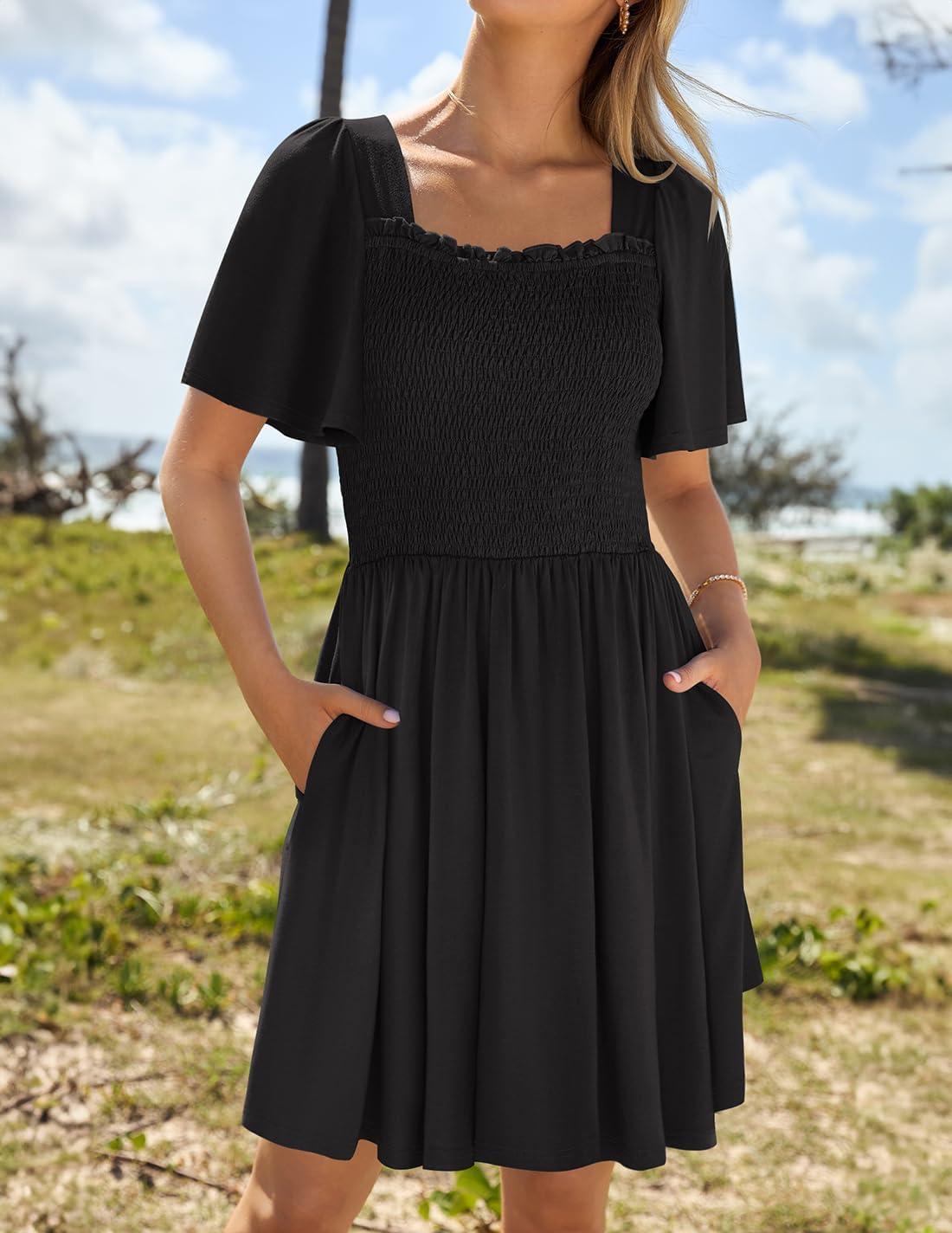 imageZESICA Womens 2026 Summer Casual Mini Dress Flutter Short Sleeve Square Neck Smocked Tiered Ruffle Flowy DressesBlack