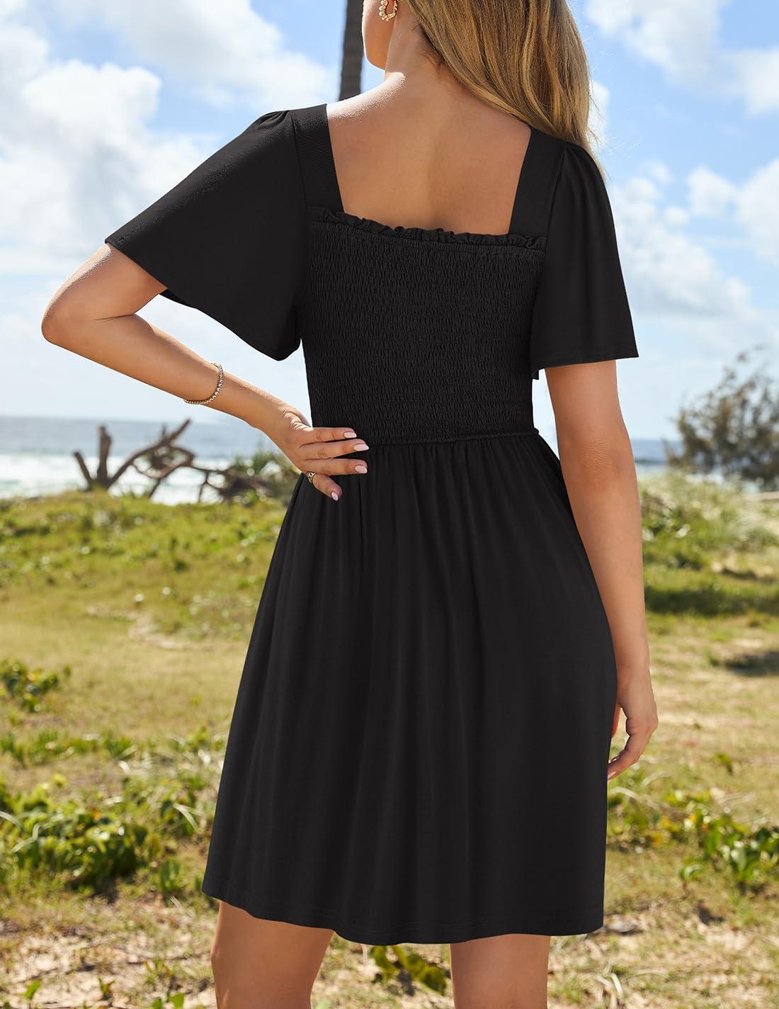 imageZESICA Womens 2026 Summer Casual Mini Dress Flutter Short Sleeve Square Neck Smocked Tiered Ruffle Flowy DressesBlack