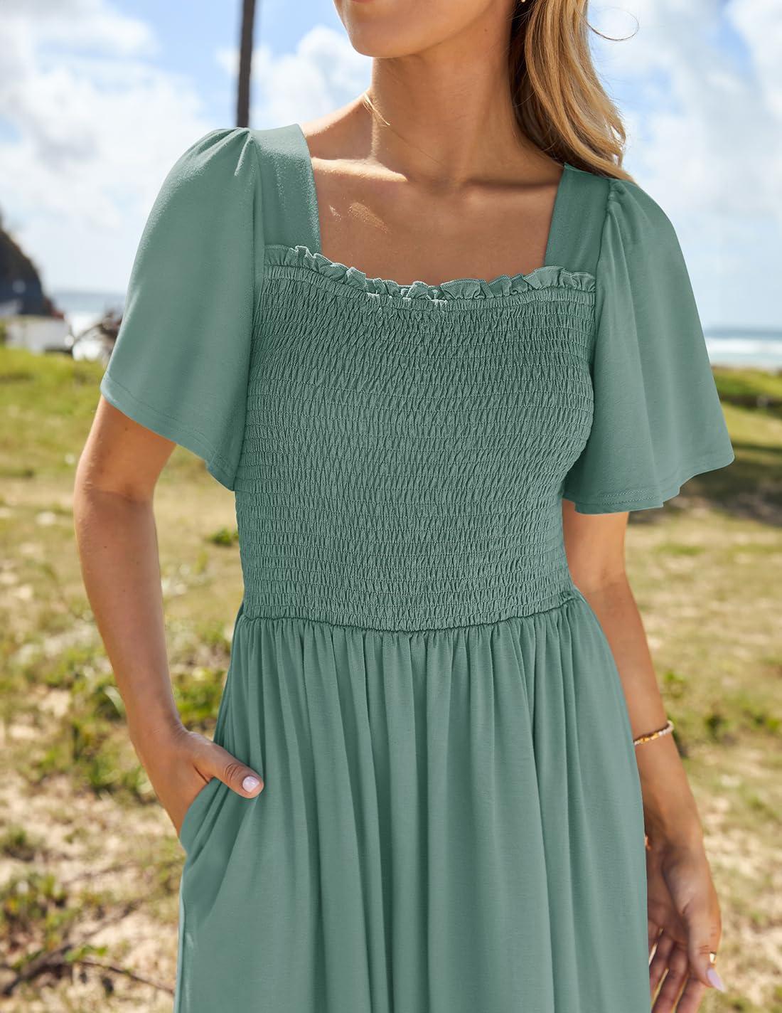imageZESICA Womens 2026 Summer Casual Mini Dress Flutter Short Sleeve Square Neck Smocked Tiered Ruffle Flowy DressesGreen