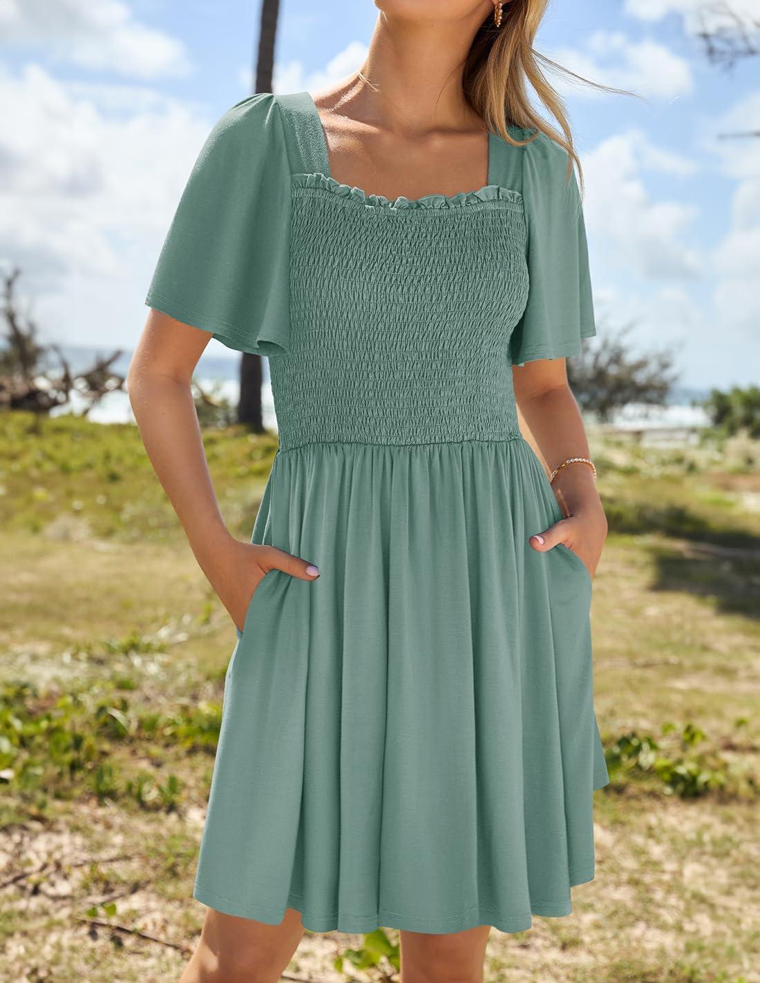 imageZESICA Womens 2026 Summer Casual Mini Dress Flutter Short Sleeve Square Neck Smocked Tiered Ruffle Flowy DressesGreen