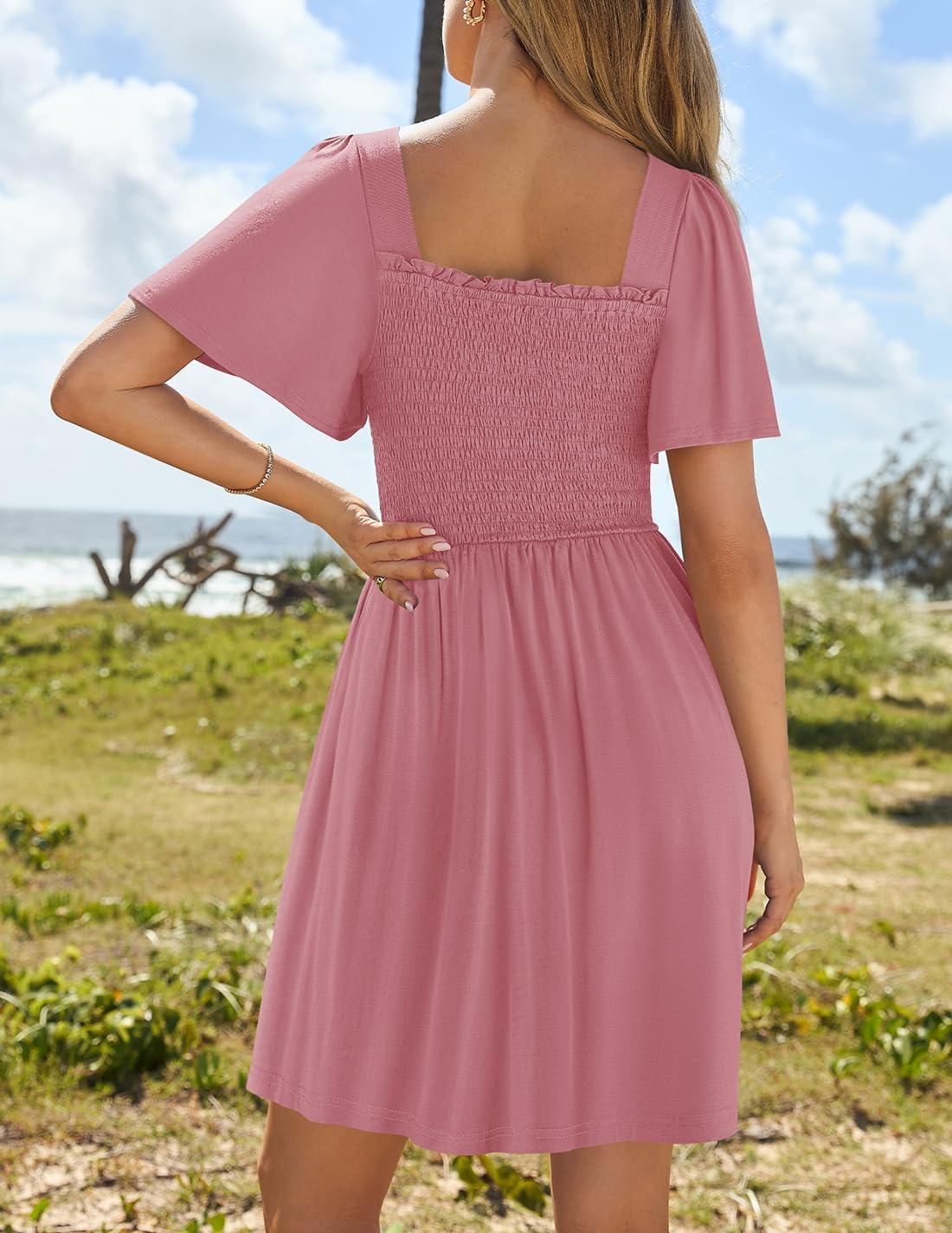 imageZESICA Womens 2026 Summer Casual Mini Dress Flutter Short Sleeve Square Neck Smocked Tiered Ruffle Flowy DressesPink
