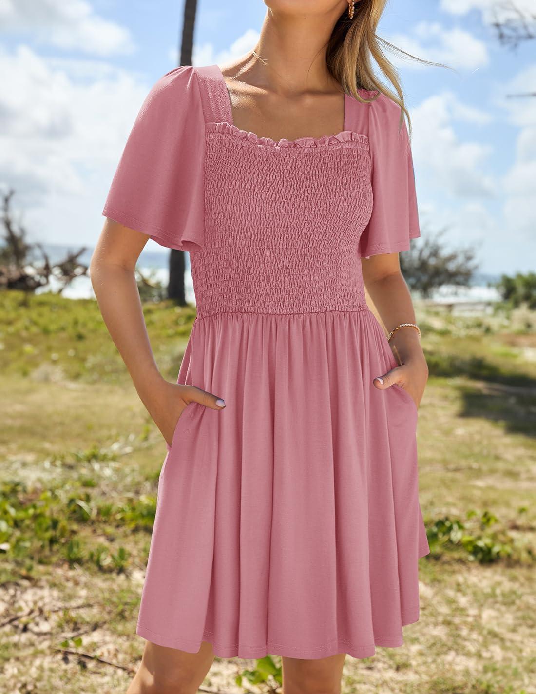 imageZESICA Womens 2026 Summer Casual Mini Dress Flutter Short Sleeve Square Neck Smocked Tiered Ruffle Flowy DressesPink