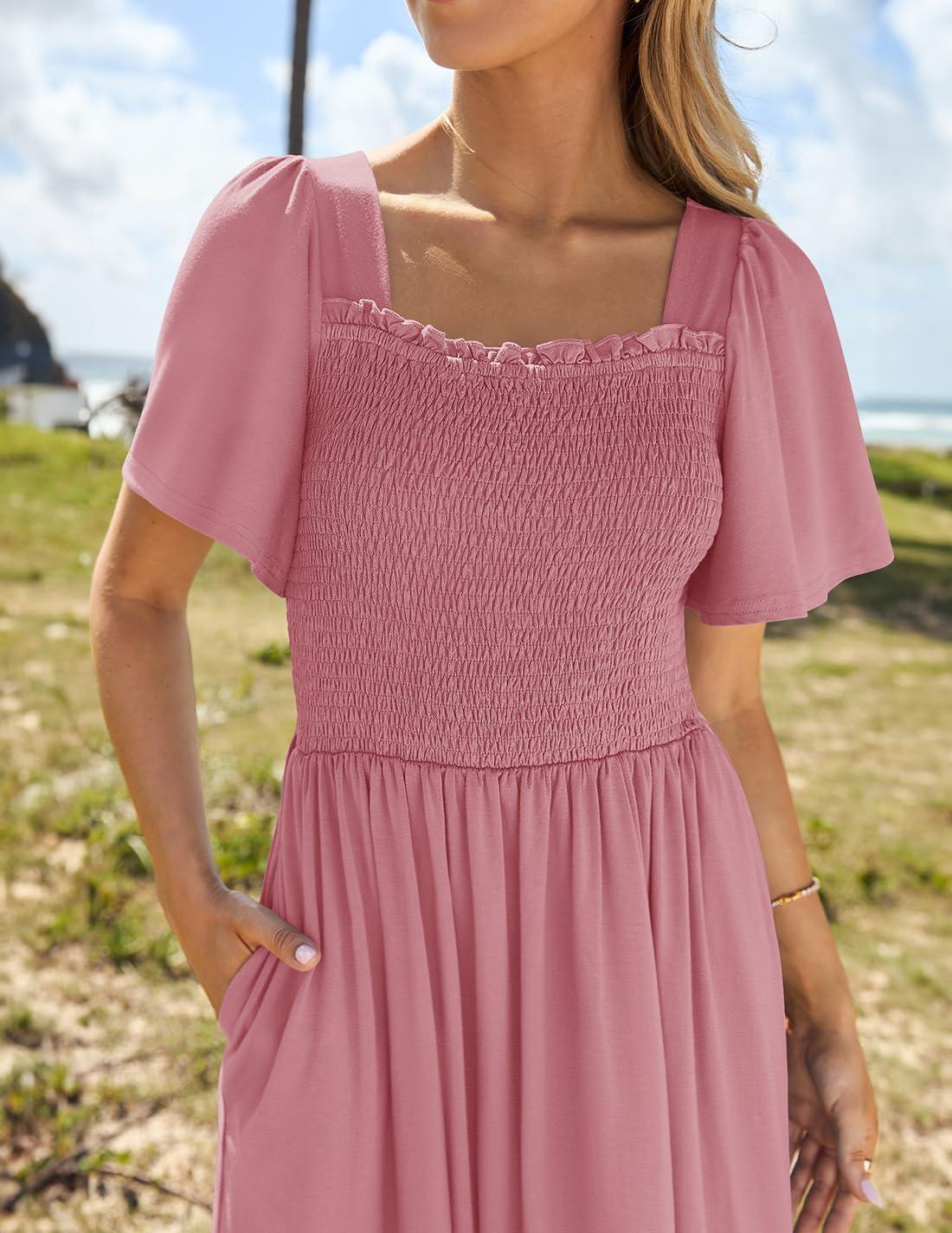 imageZESICA Womens 2026 Summer Casual Mini Dress Flutter Short Sleeve Square Neck Smocked Tiered Ruffle Flowy DressesPink