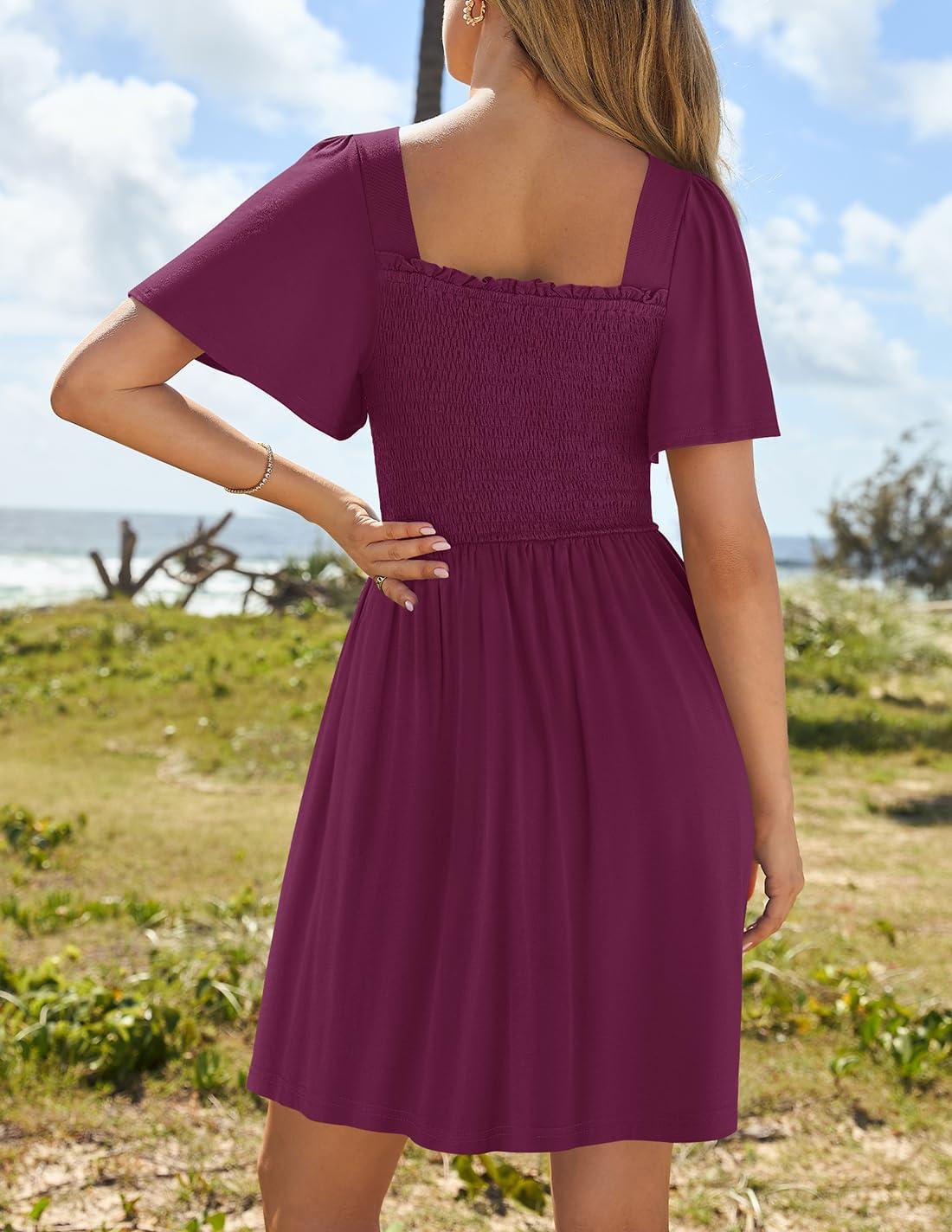 imageZESICA Womens 2026 Summer Casual Mini Dress Flutter Short Sleeve Square Neck Smocked Tiered Ruffle Flowy DressesPlum