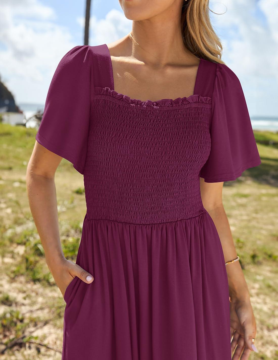 imageZESICA Womens 2026 Summer Casual Mini Dress Flutter Short Sleeve Square Neck Smocked Tiered Ruffle Flowy DressesPlum