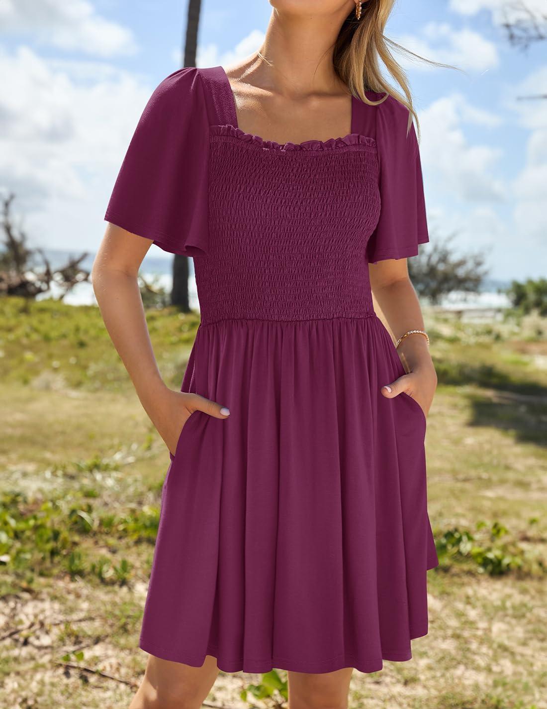 imageZESICA Womens 2026 Summer Casual Mini Dress Flutter Short Sleeve Square Neck Smocked Tiered Ruffle Flowy DressesPlum