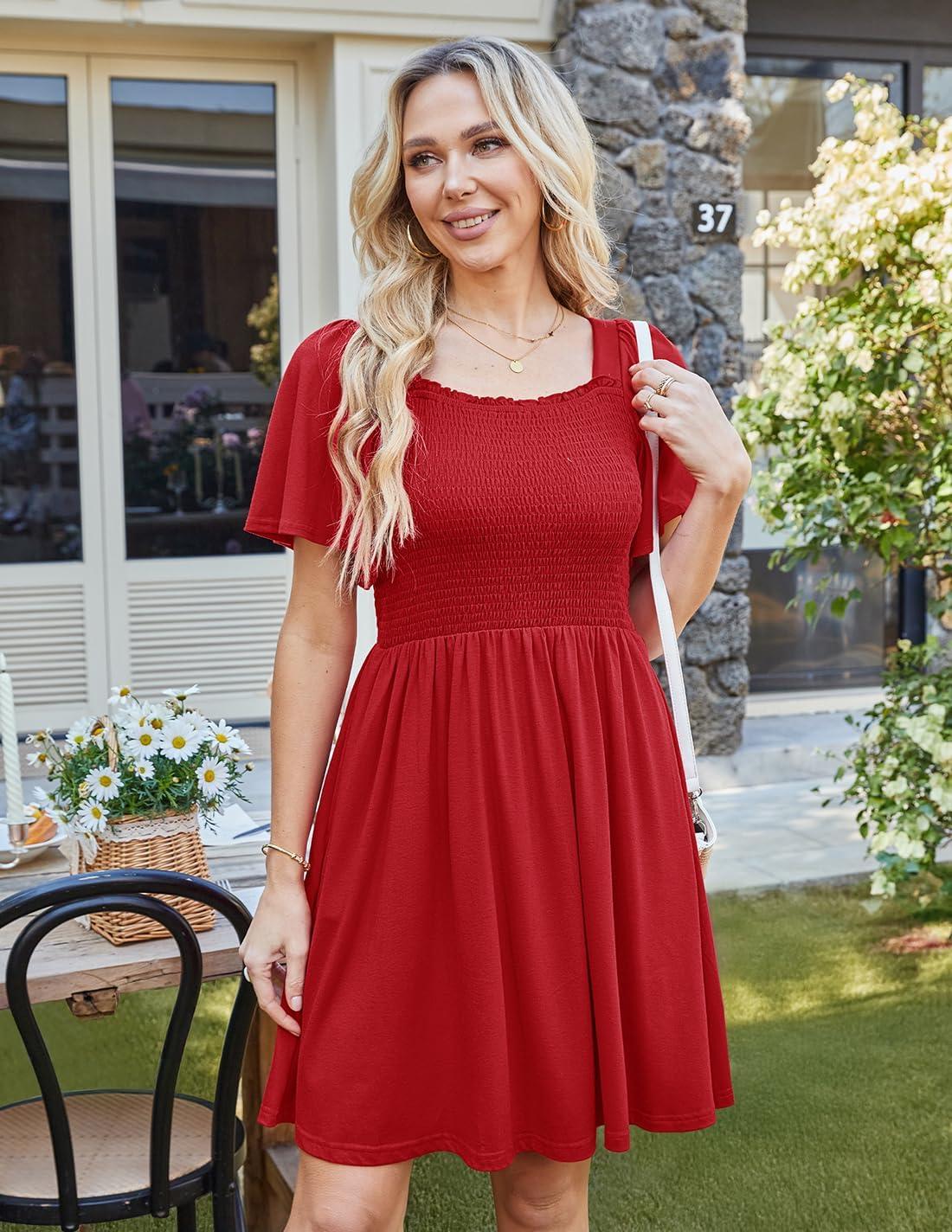 imageZESICA Womens 2026 Summer Casual Mini Dress Flutter Short Sleeve Square Neck Smocked Tiered Ruffle Flowy DressesRed