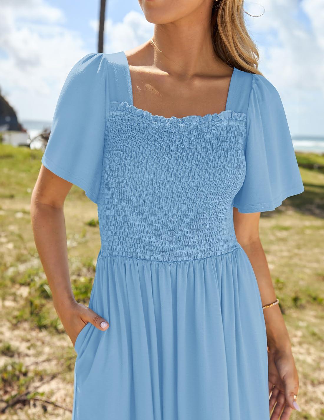 imageZESICA Womens 2026 Summer Casual Mini Dress Flutter Short Sleeve Square Neck Smocked Tiered Ruffle Flowy DressesSky