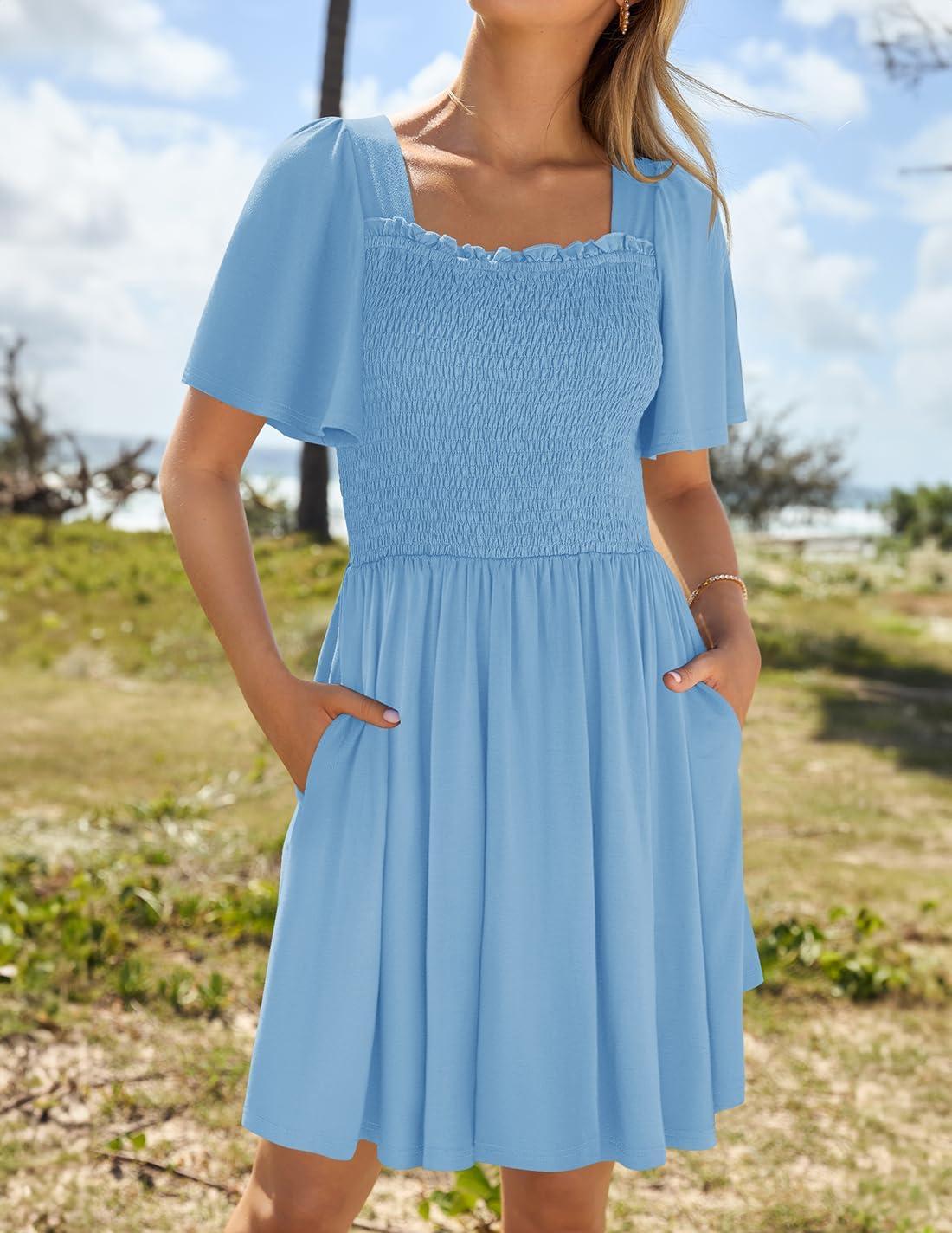 imageZESICA Womens 2026 Summer Casual Mini Dress Flutter Short Sleeve Square Neck Smocked Tiered Ruffle Flowy DressesSky